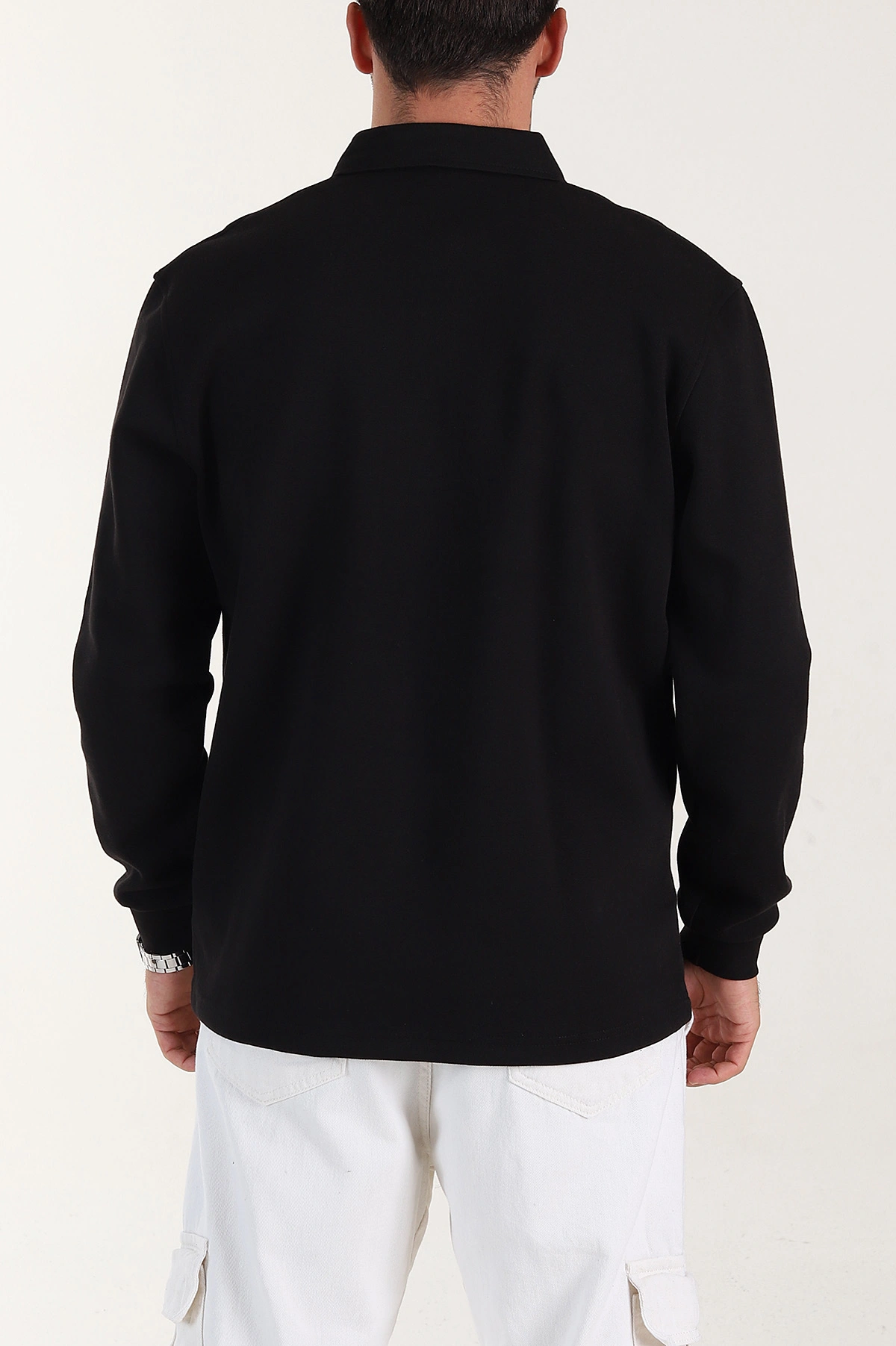 Siyah Relaxed Fit Pike Dokulu Düğmeli Polo Yaka Erkek Sweatshirt 400878