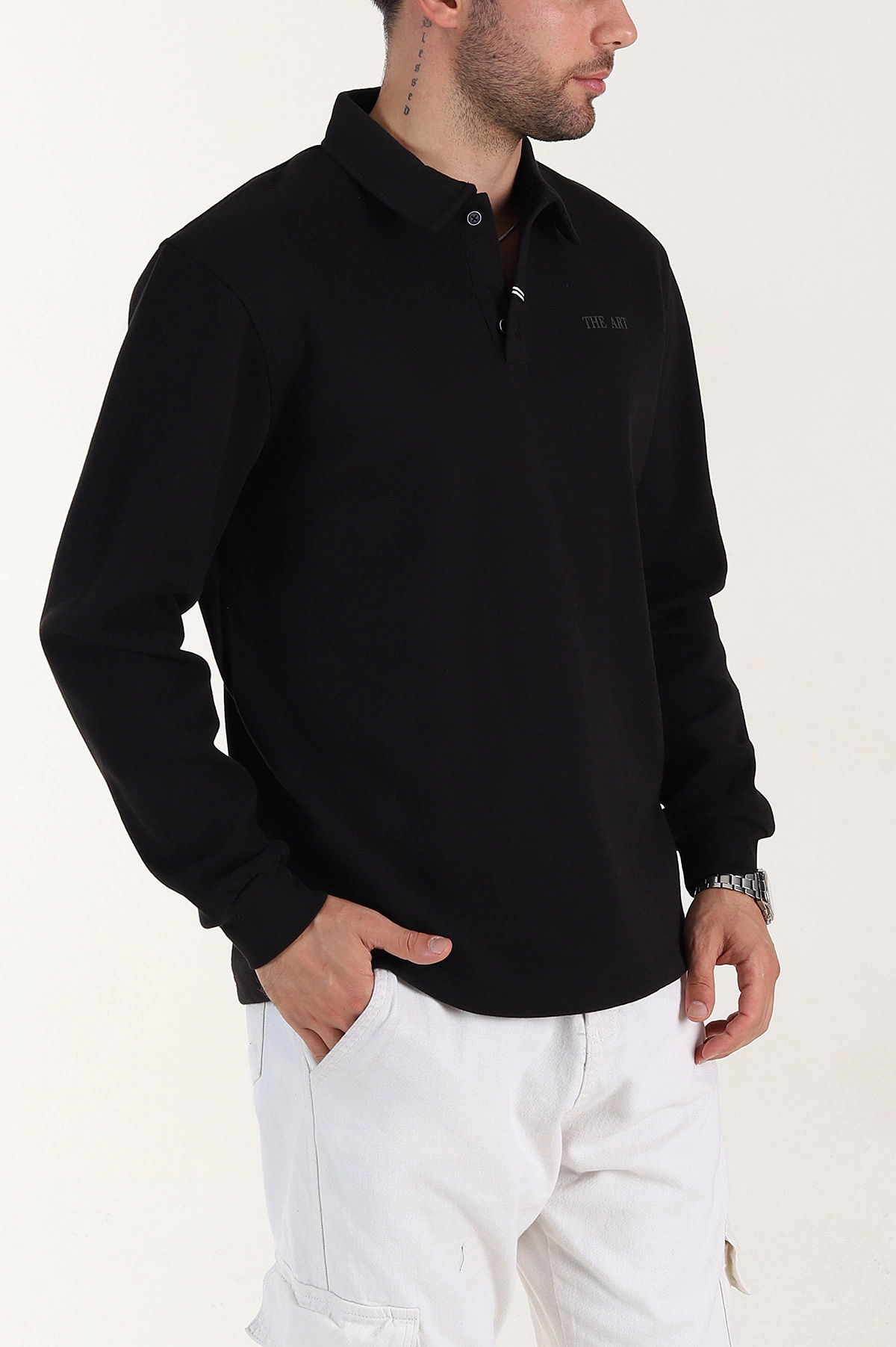 Siyah Relaxed Fit Pike Dokulu Düğmeli Polo Yaka Erkek Sweatshirt 400878