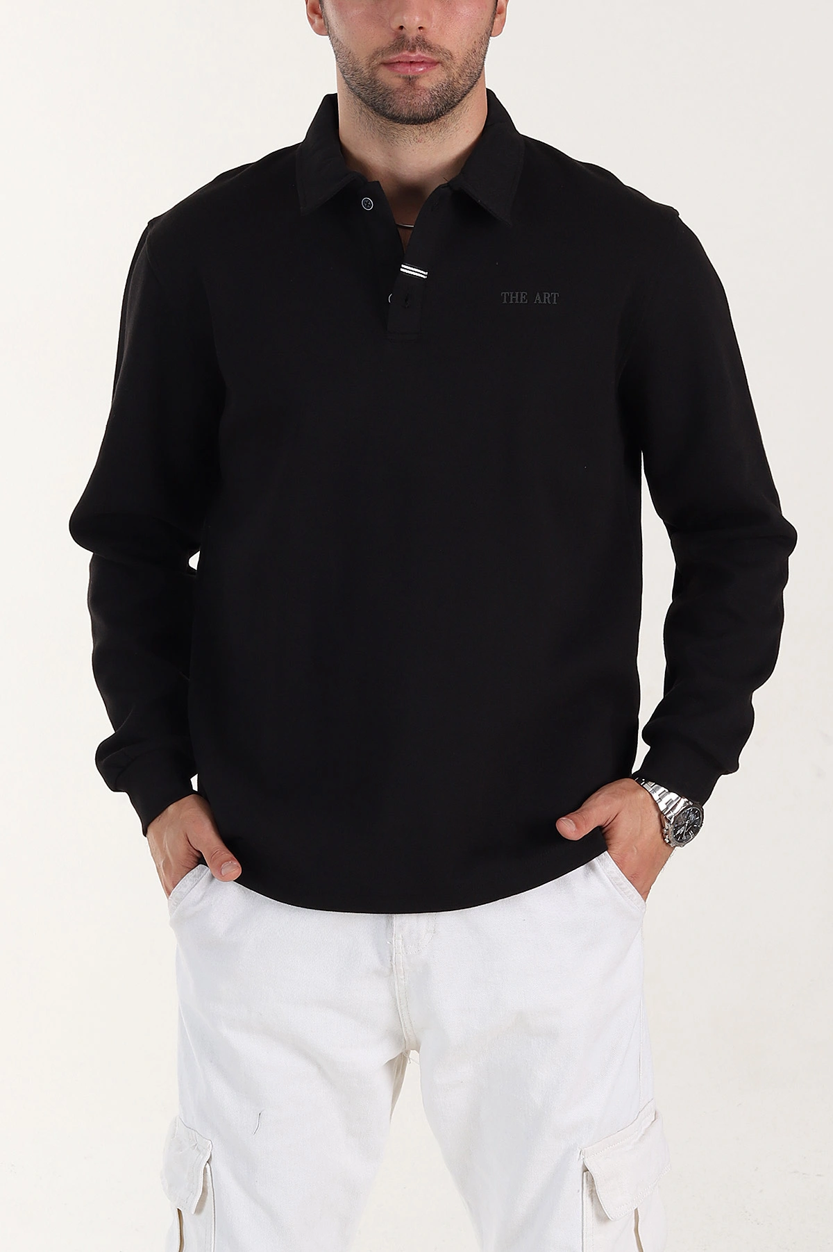 Siyah Relaxed Fit Pike Dokulu Düğmeli Polo Yaka Erkek Sweatshirt 400878
