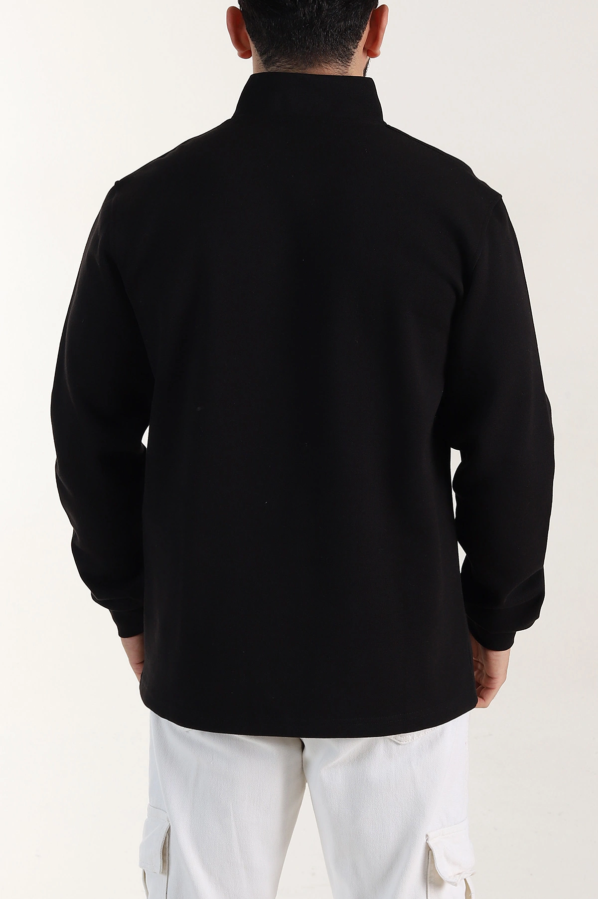 Siyah Relaxed Fit Pike Dokulu Yarım Fermuarlı Erkek Sweatshirt 400873