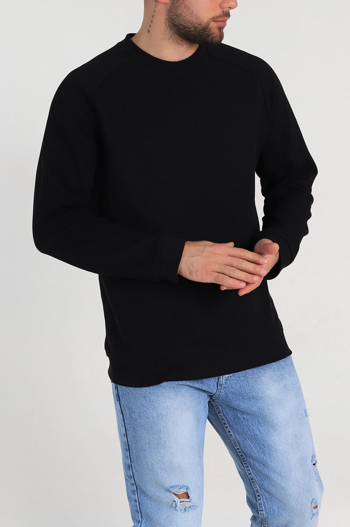 Siyah Relaxed Fit Pike Kumaş Reglan Kollu Basic Sweatshirt 317687