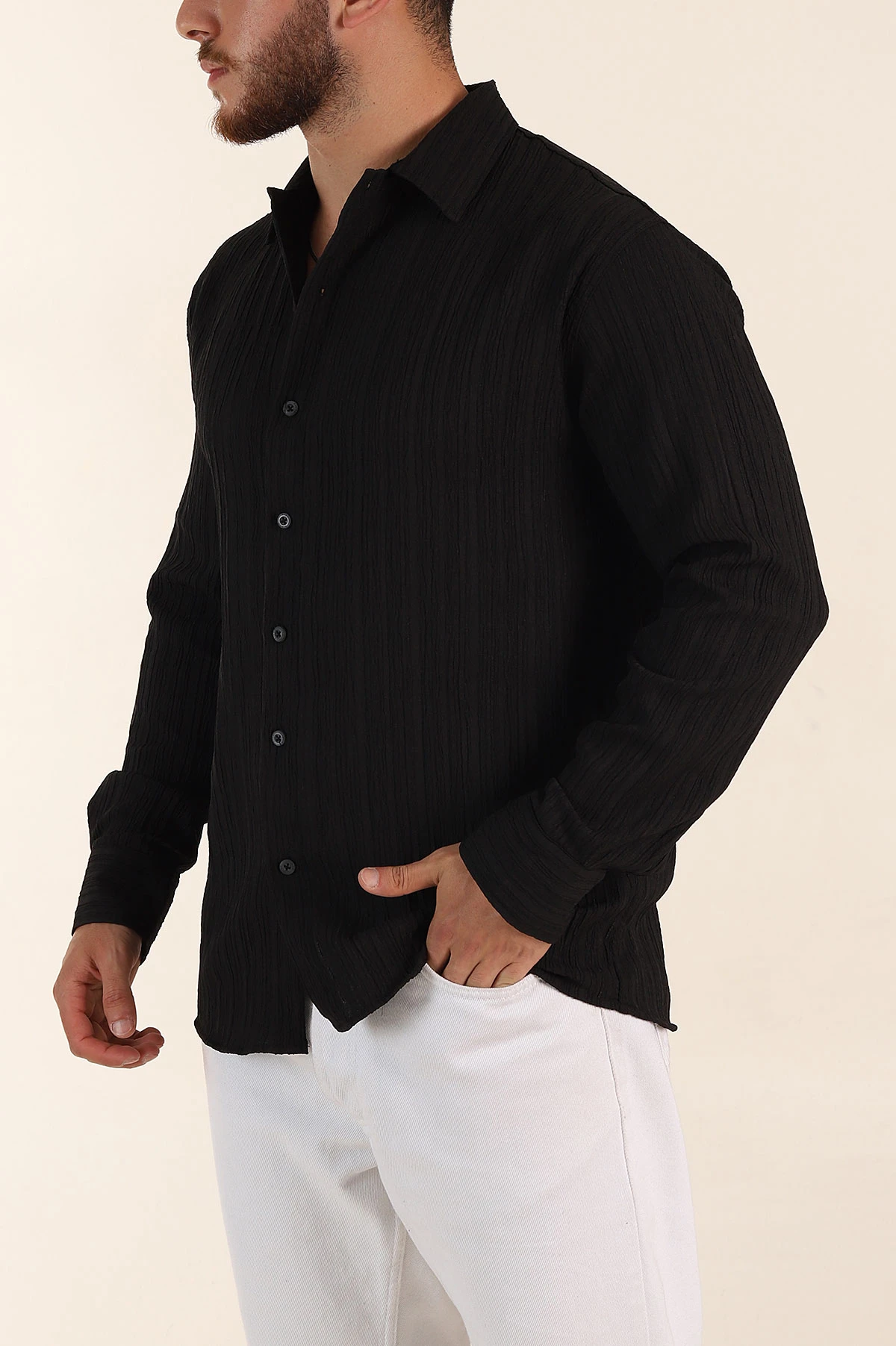 Siyah Relaxed Fit Pliseli Uzun Kollu Erkek Gömlek 369582