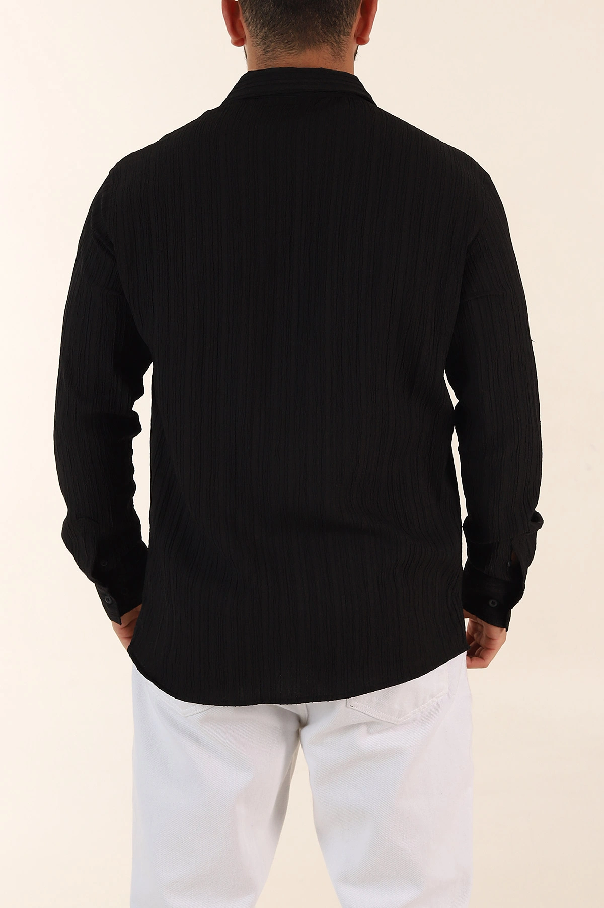 Siyah Relaxed Fit Pliseli Uzun Kollu Erkek Gömlek 369582