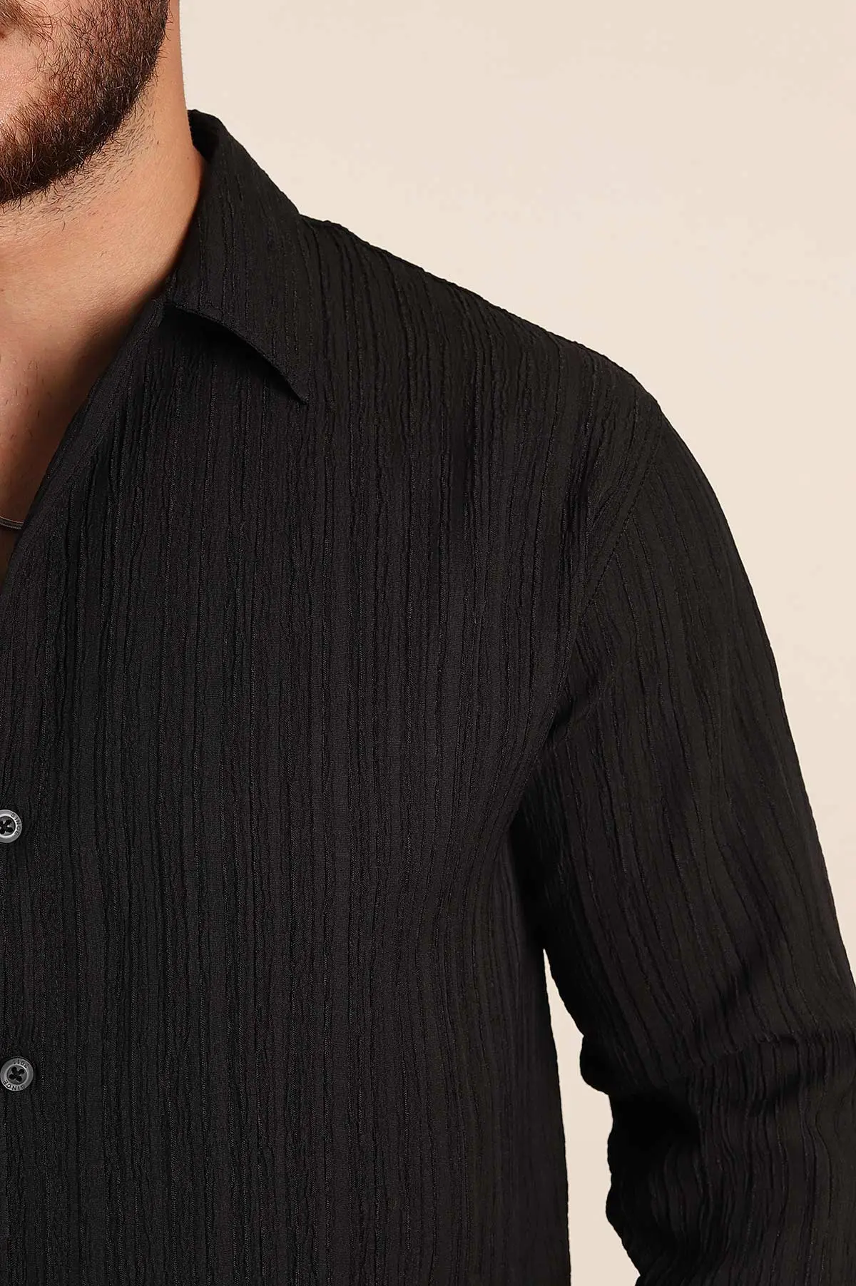Siyah Relaxed Fit Pliseli Uzun Kollu Erkek Gömlek 369582