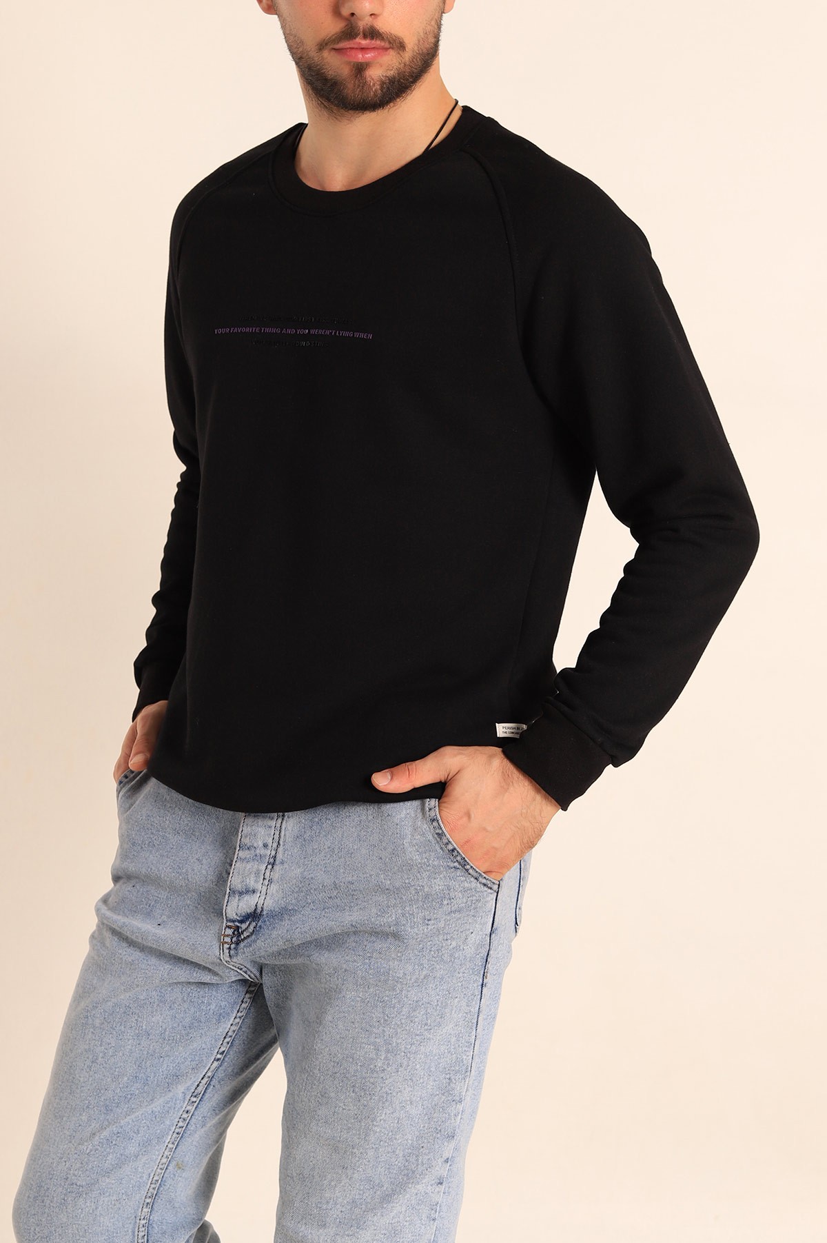 Siyah Relaxed Fit Şardonsuz Kabartma Yazılı Erkek Sweatshirt 221462