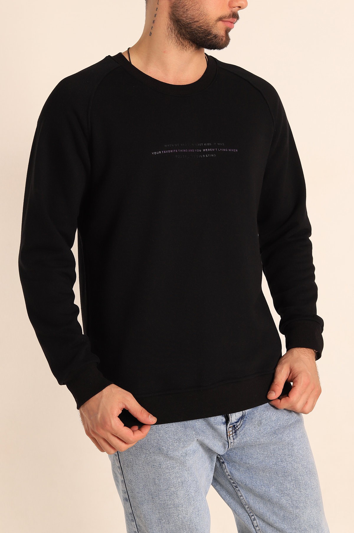 Siyah Relaxed Fit Şardonsuz Kabartma Yazılı Erkek Sweatshirt 221462