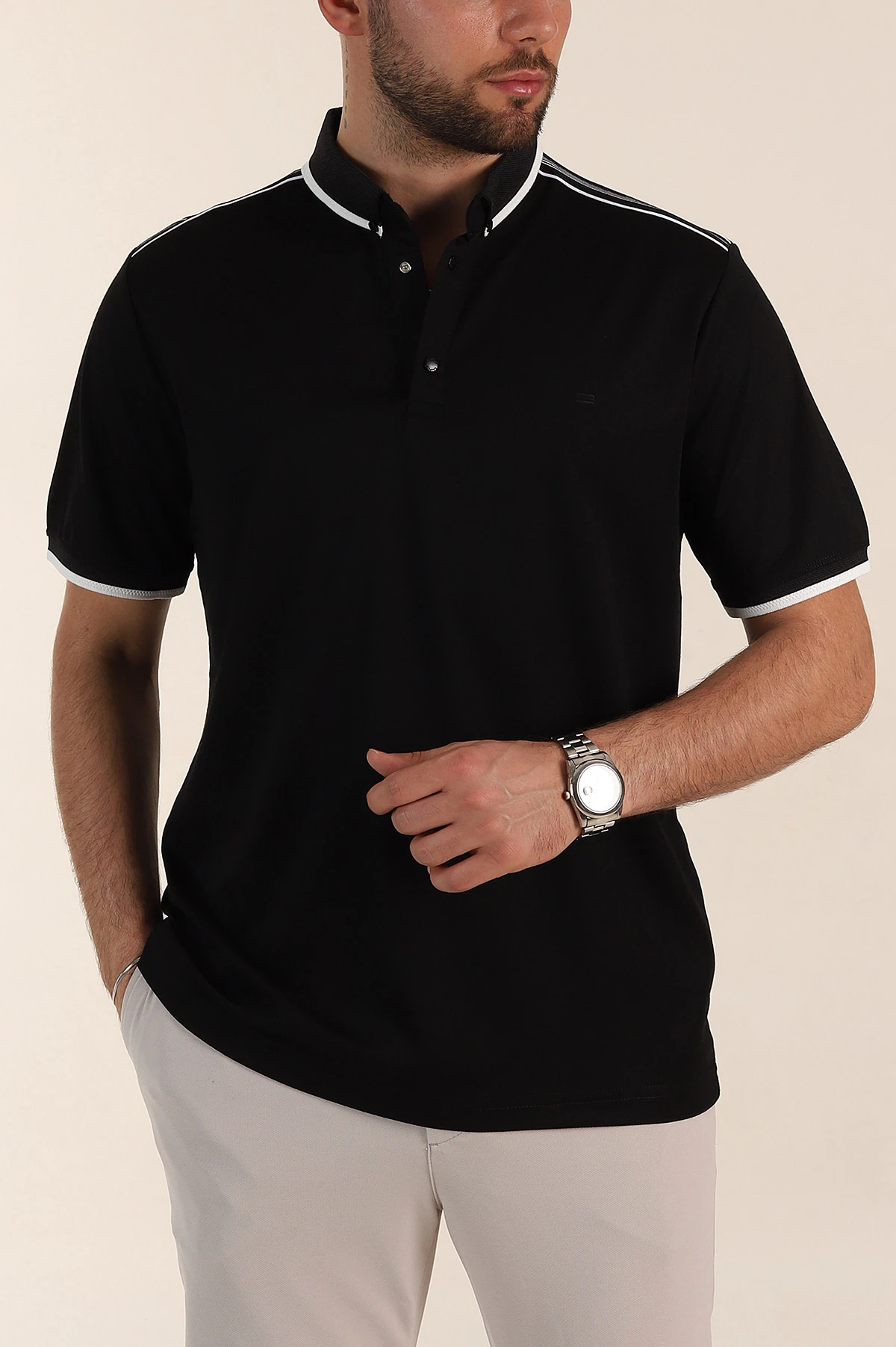 Siyah Relaxed Fit Şerit Detaylı Polo Yaka Erkek Tişört 359110