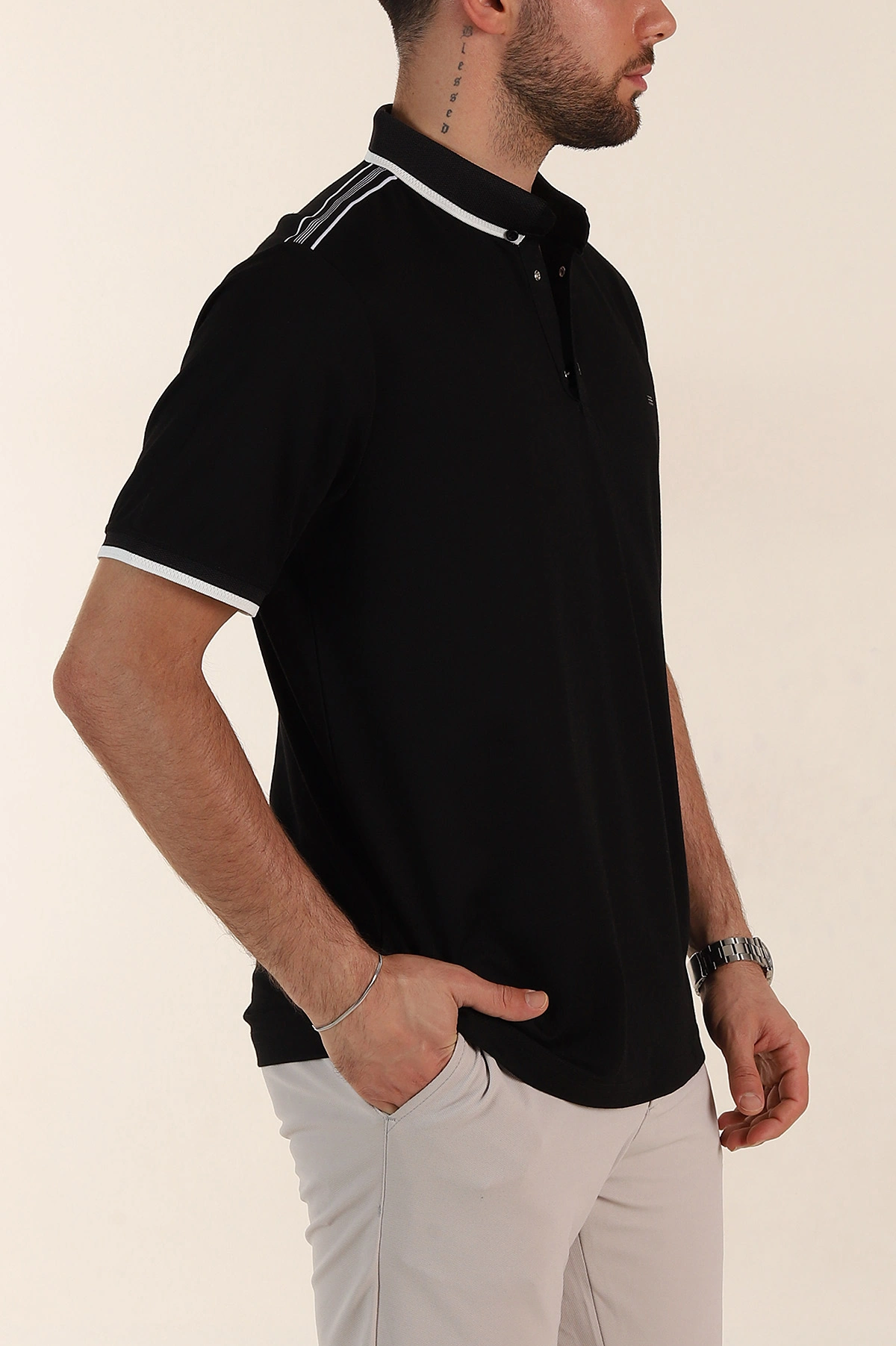 Siyah Relaxed Fit Şerit Detaylı Polo Yaka Erkek Tişört 359110