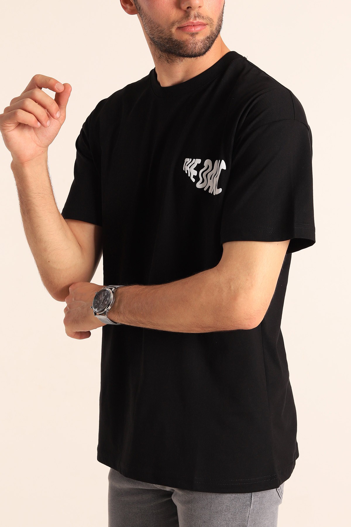 Siyah Relaxed Fit The Dark Slogan Sırt Baskılı Erkek Tişört 186618