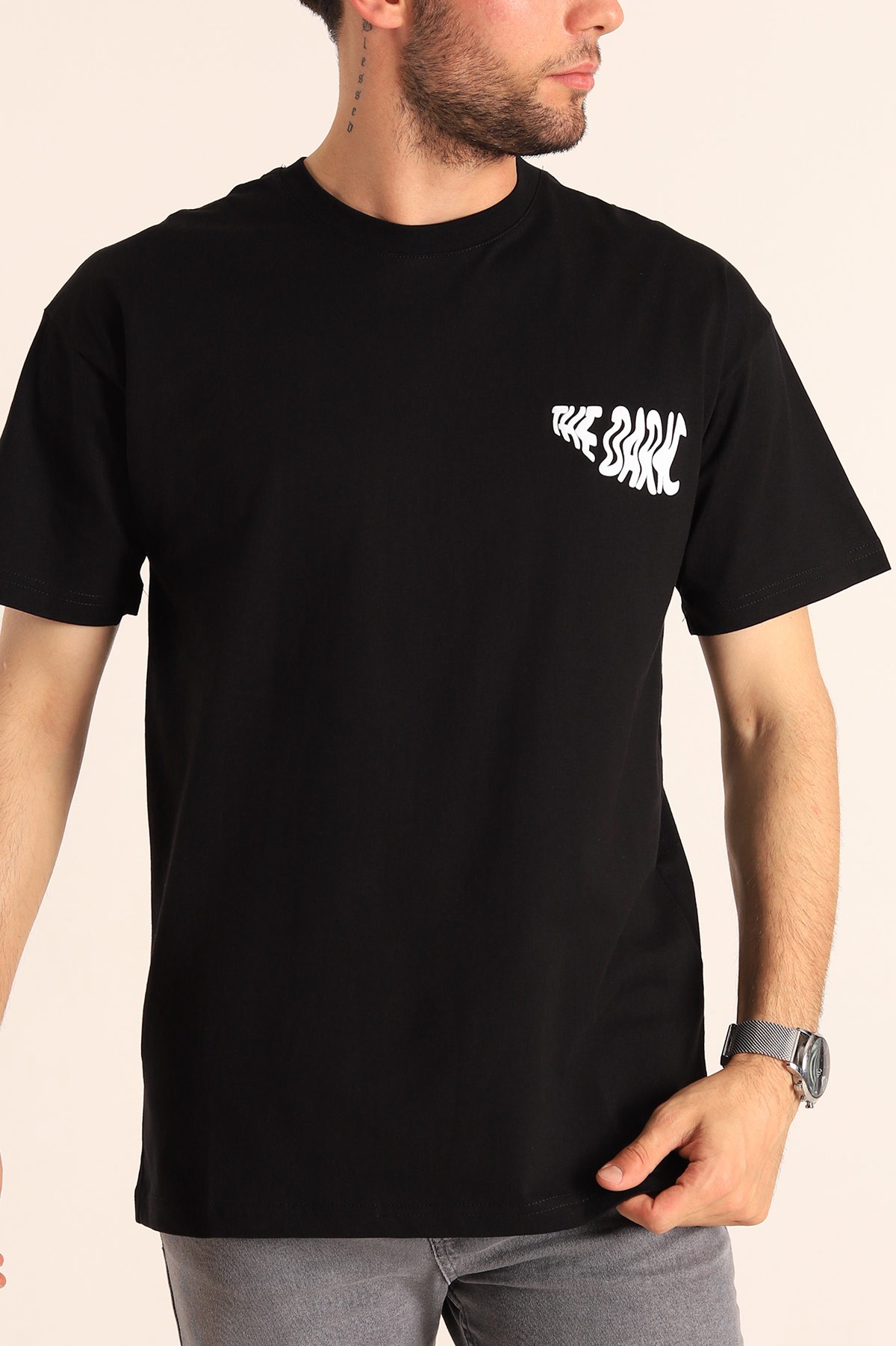 Siyah Relaxed Fit The Dark Slogan Sırt Baskılı Erkek Tişört 186618