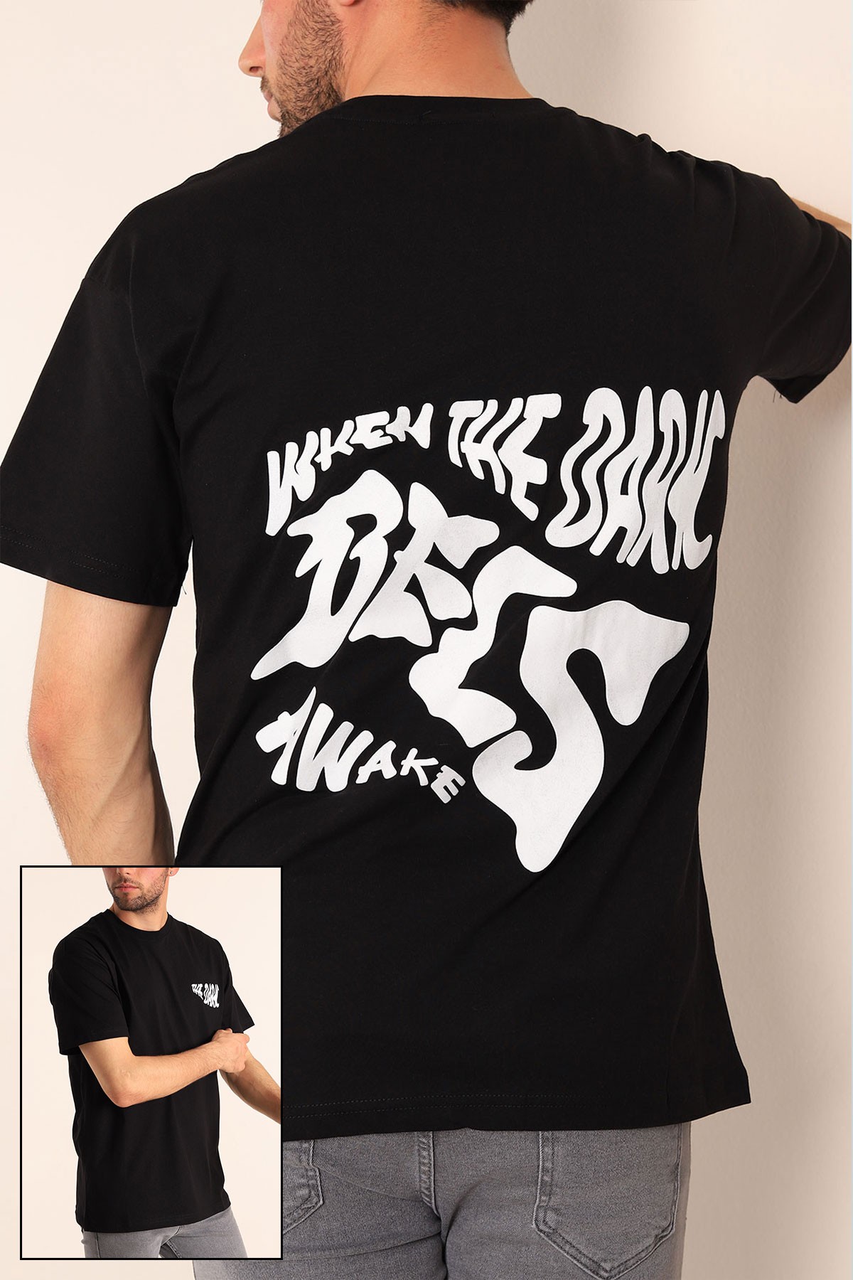 Siyah Relaxed Fit The Dark Slogan Sırt Baskılı Erkek Tişört 186618