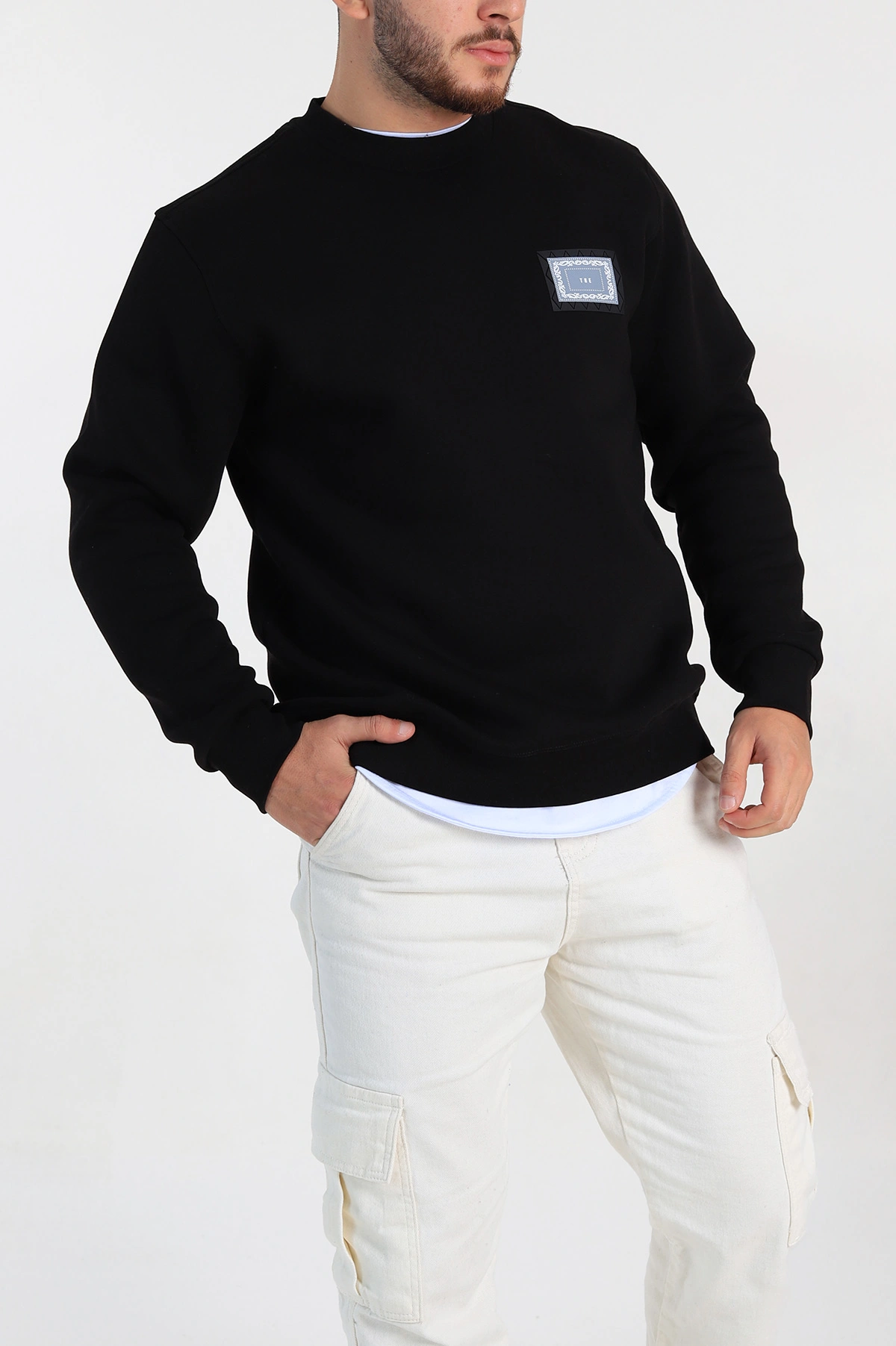 Siyah Relaxed Fit Üç İp Şardonlu Baskılı Erkek Sweatshirt 309652