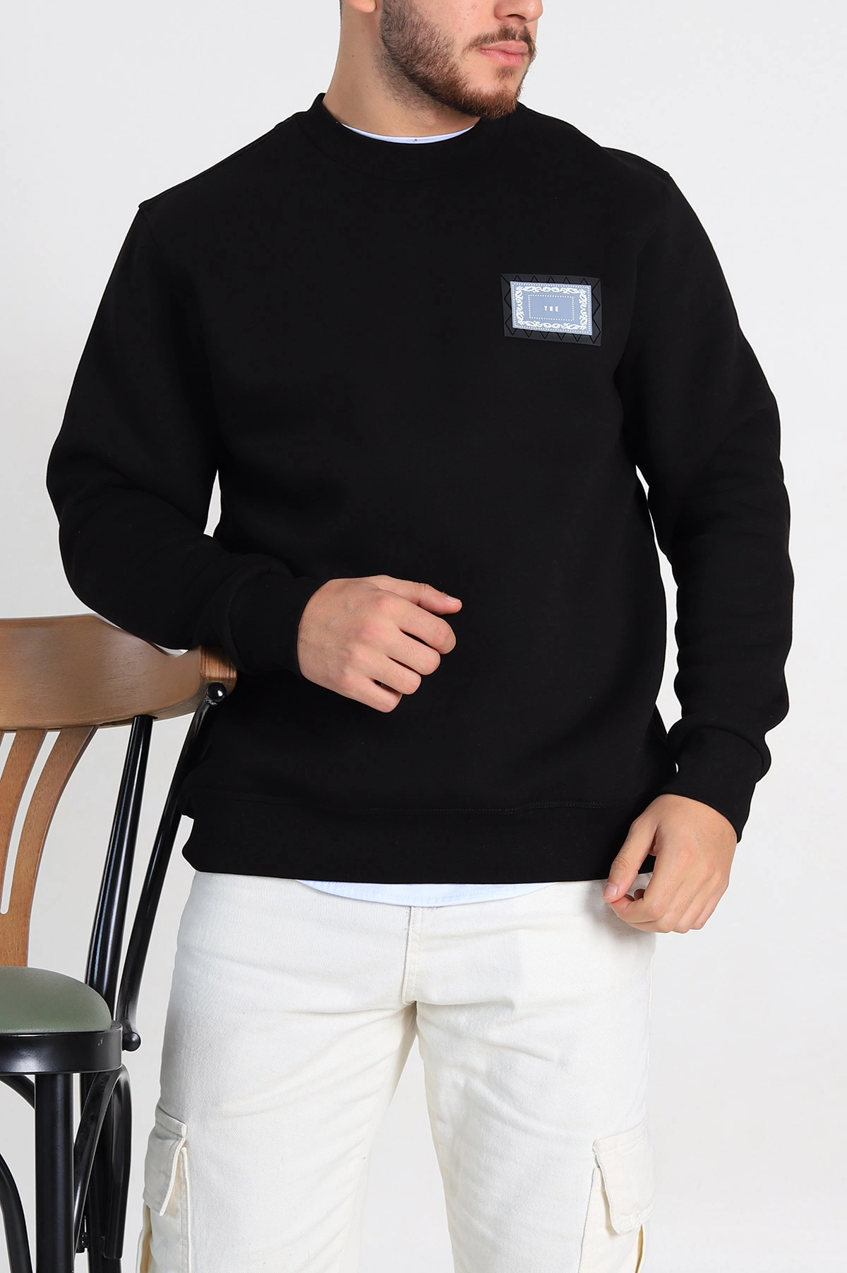 Siyah Relaxed Fit Üç İp Şardonlu Baskılı Erkek Sweatshirt 309652