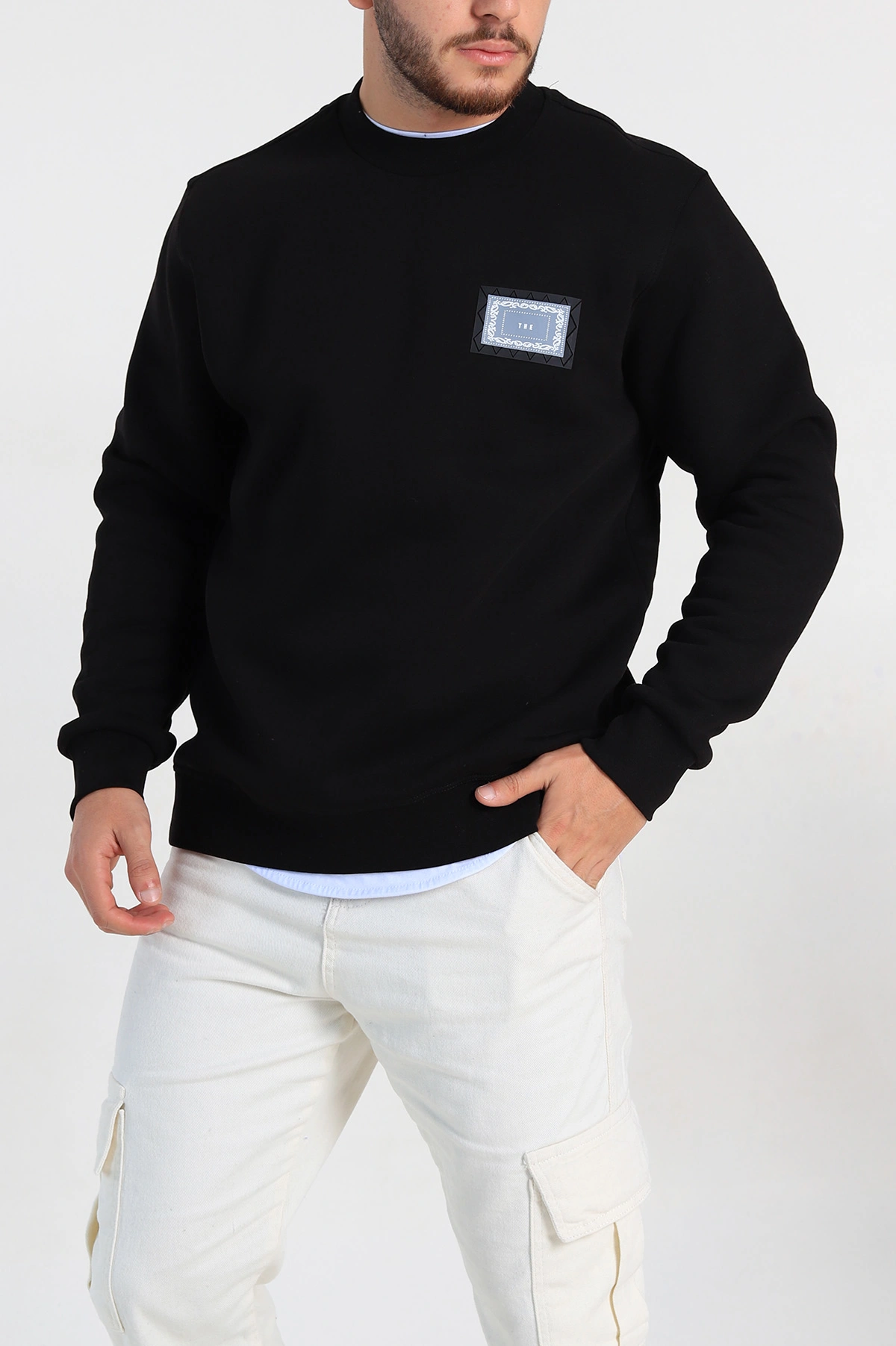 Siyah Relaxed Fit Üç İp Şardonlu Baskılı Erkek Sweatshirt 309652