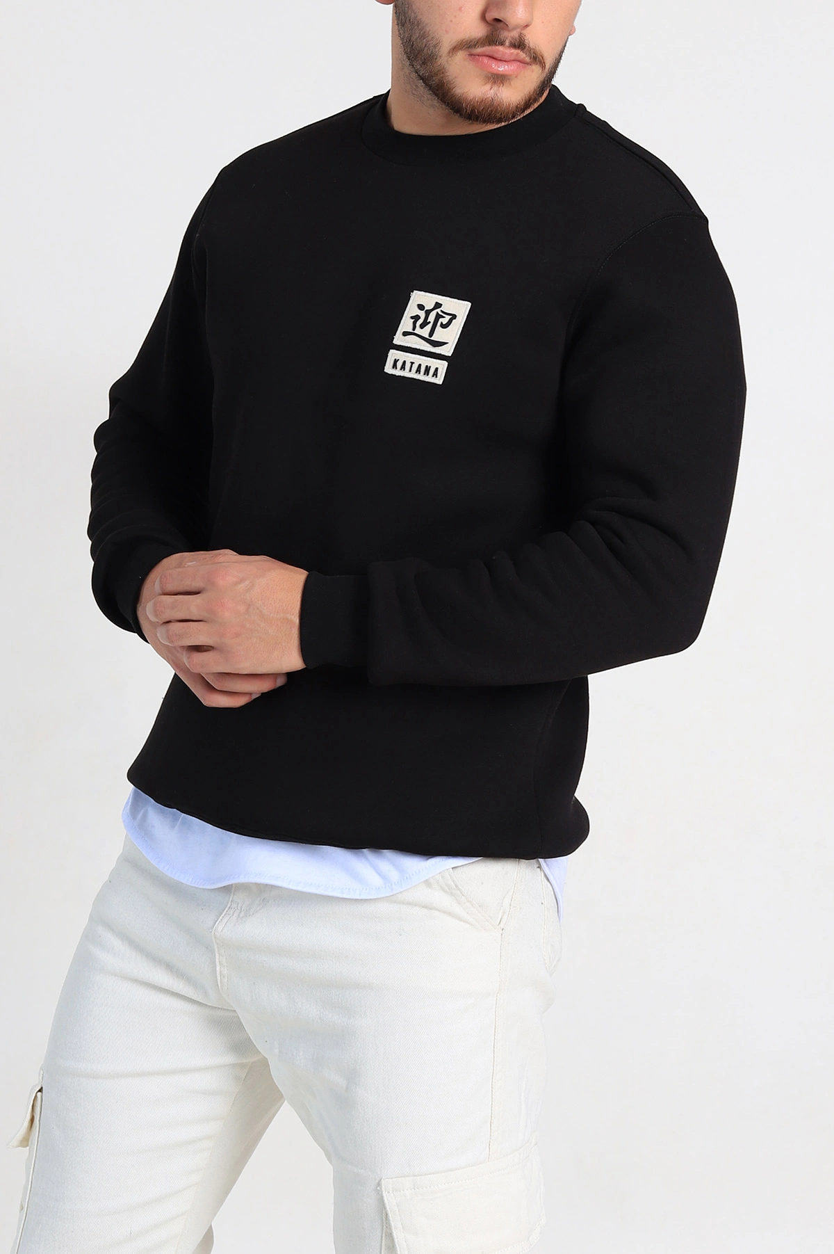 Siyah Relaxed Fit Üç İp Şardonlu Kabartma Detaylı Erkek Sweatshirt 309876