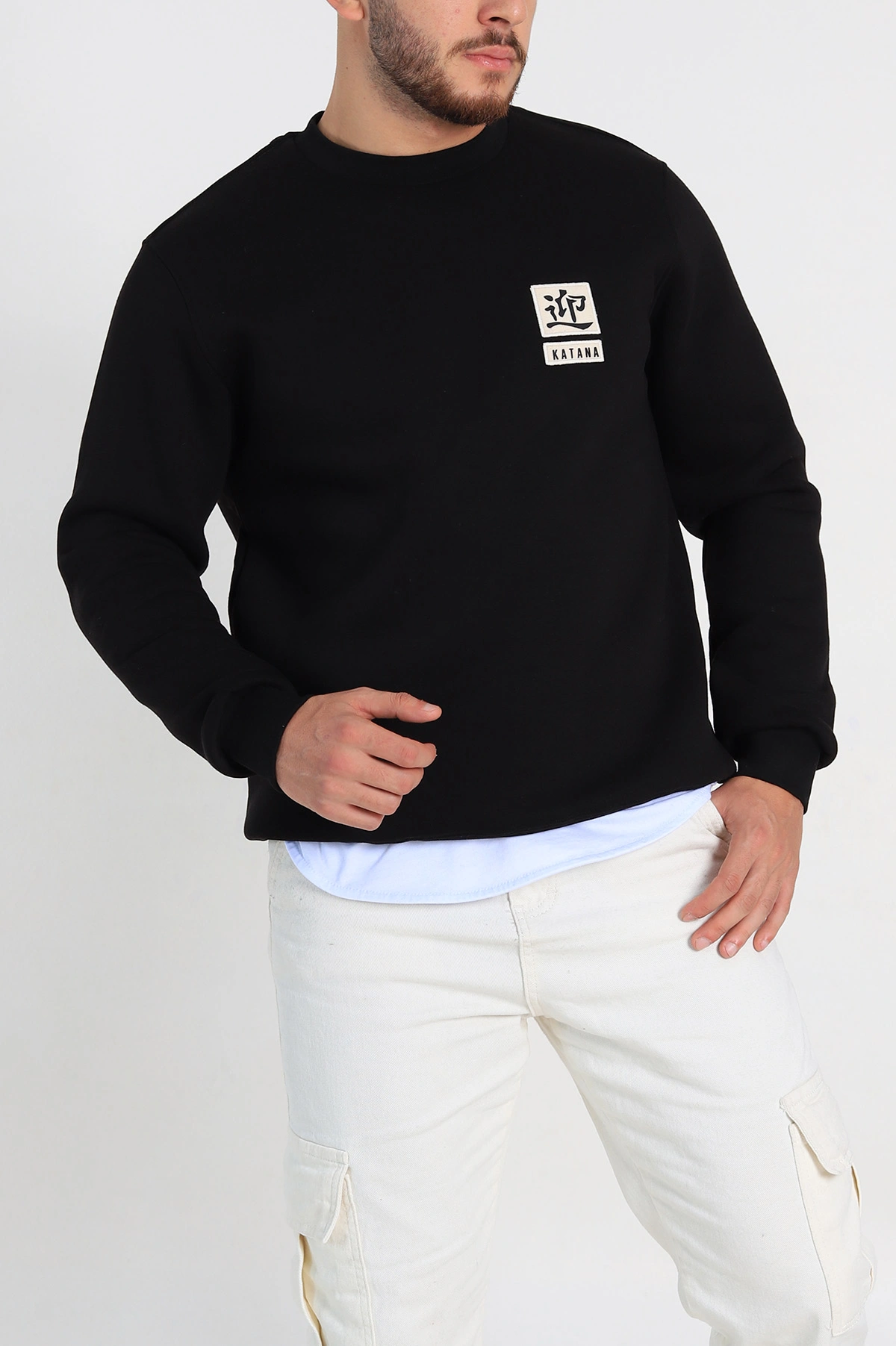 Siyah Relaxed Fit Üç İp Şardonlu Kabartma Detaylı Erkek Sweatshirt 309876