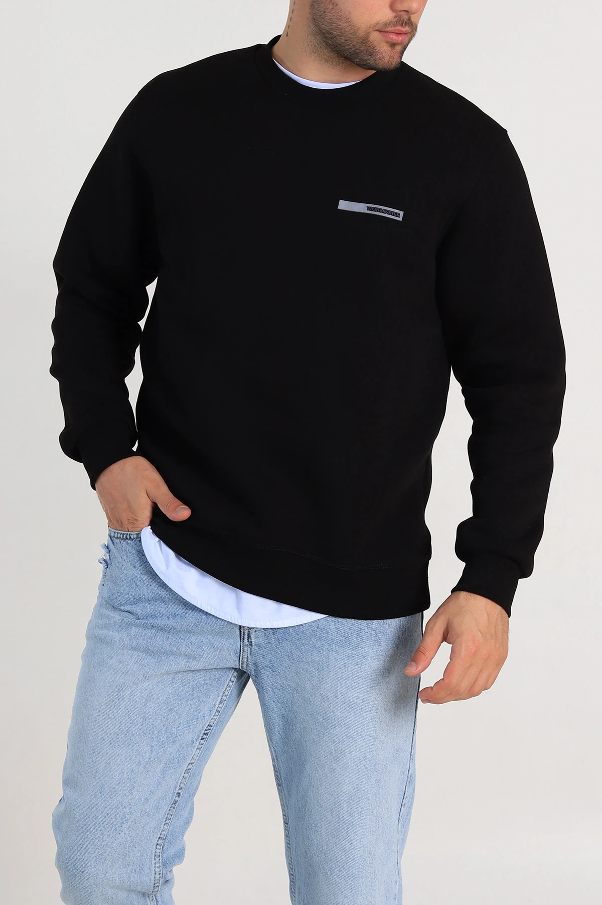 Siyah Relaxed Fit Üç İp Şardonlu Kabartma Detaylı Erkek Sweatshirt 309899