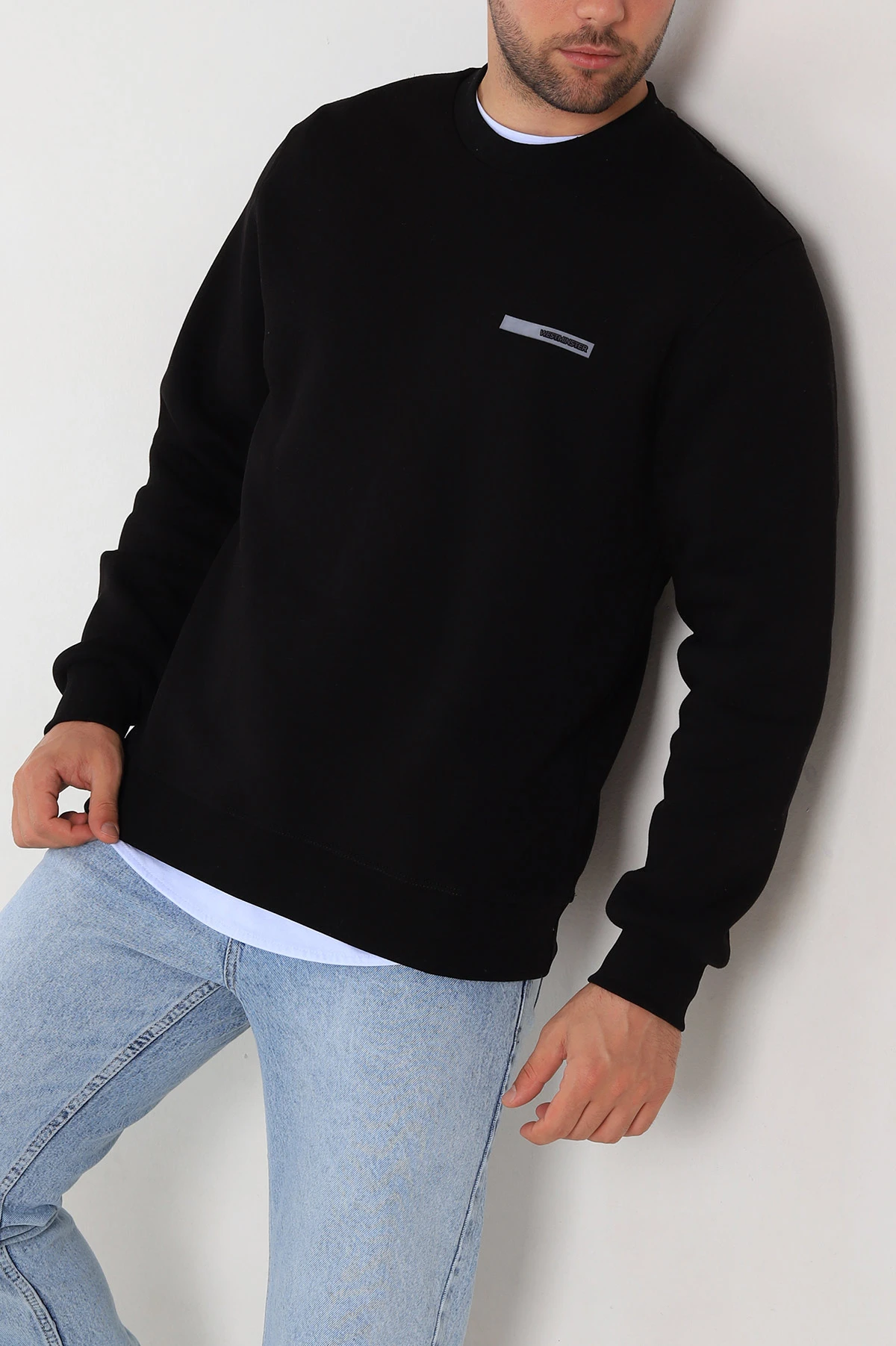Siyah Relaxed Fit Üç İp Şardonlu Kabartma Detaylı Erkek Sweatshirt 309899