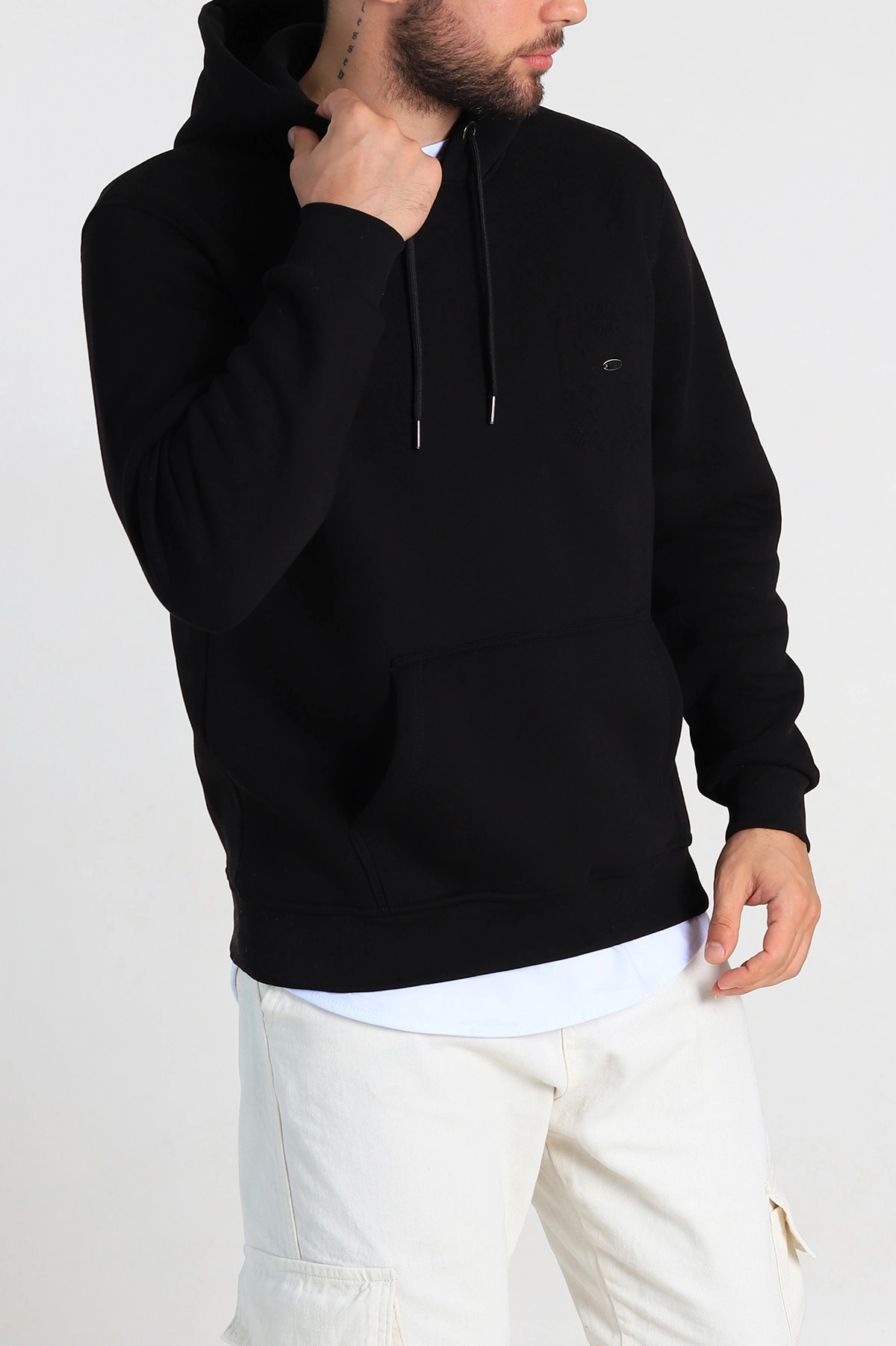 Siyah Relaxed Fit Üç İp Şardonlu Kabartma Detaylı Erkek Sweatshirt 311121