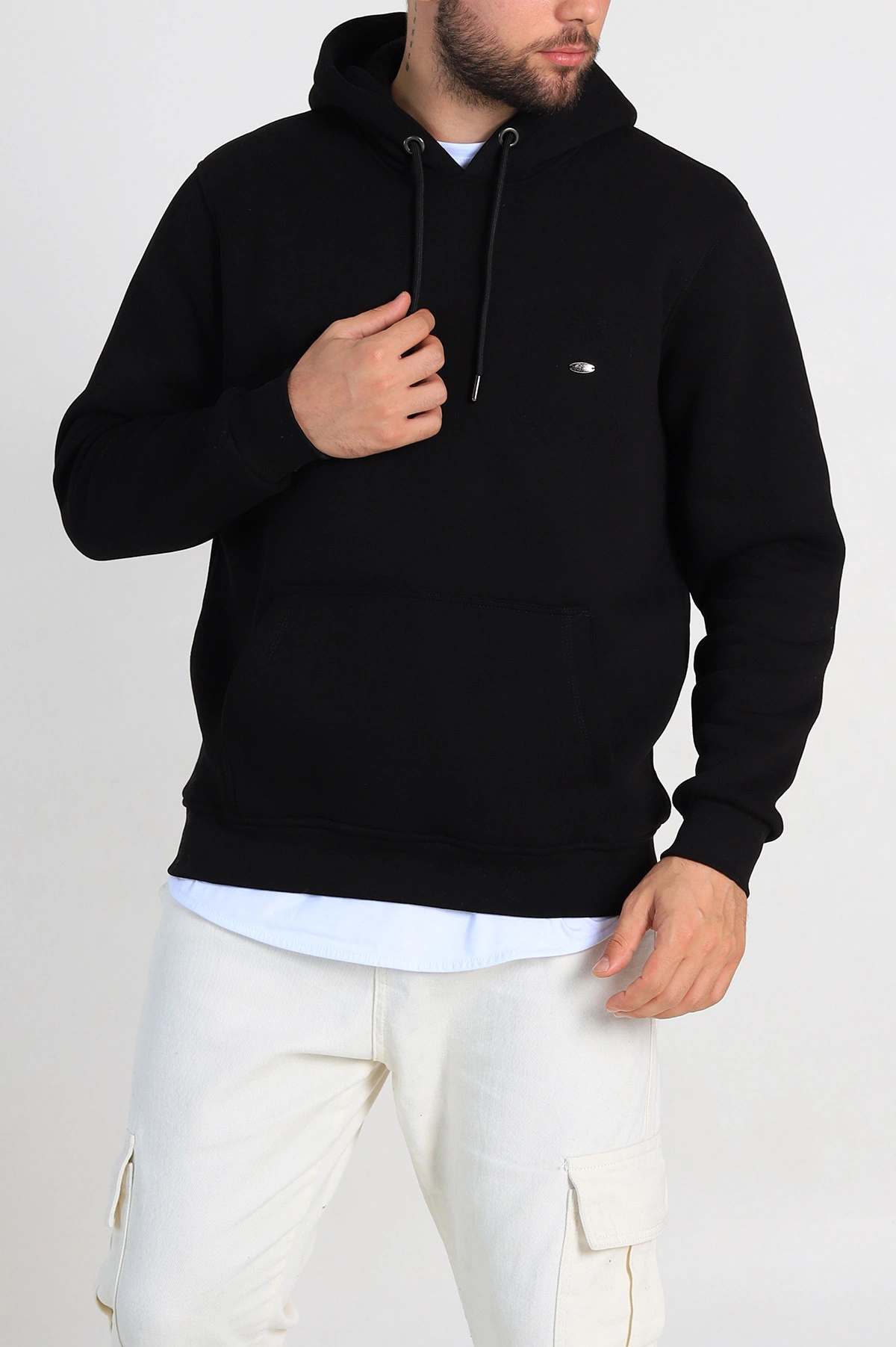 Siyah Relaxed Fit Üç İp Şardonlu Kabartma Detaylı Erkek Sweatshirt 311121