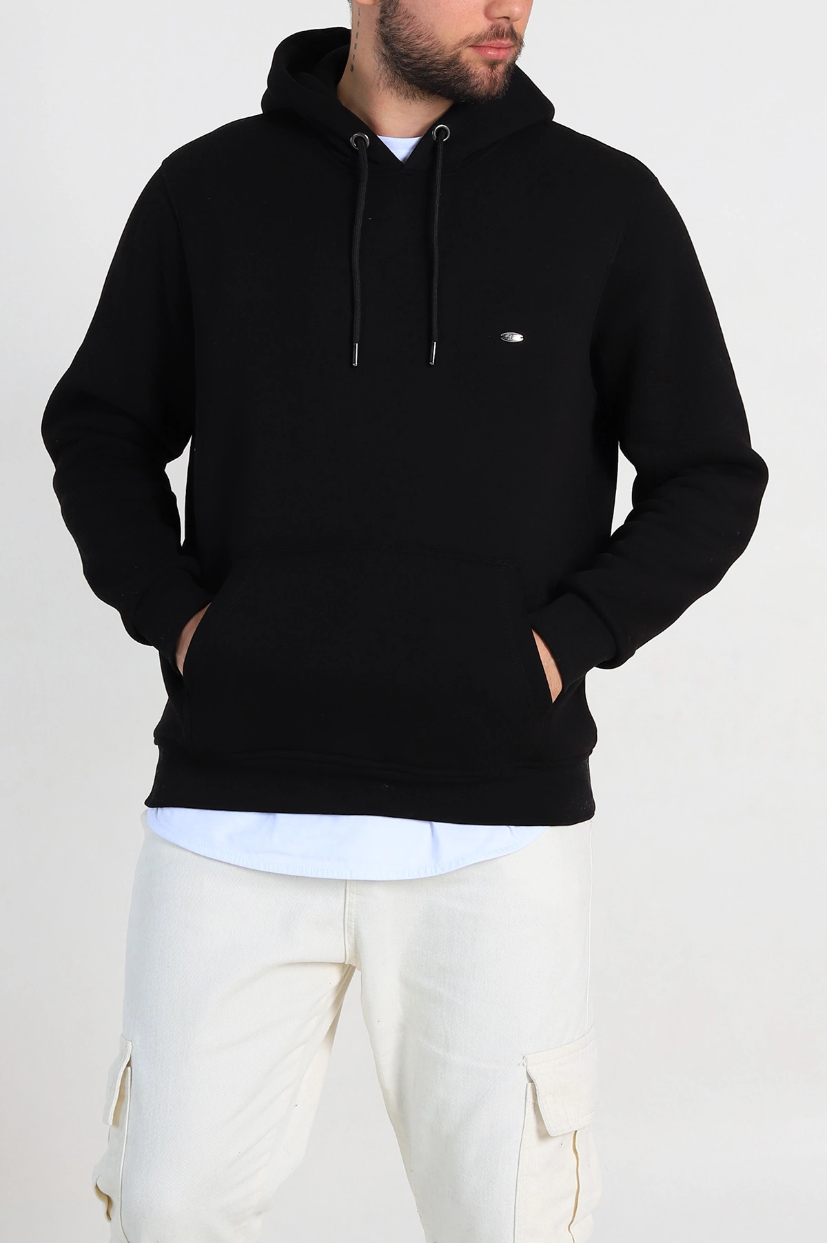 Siyah Relaxed Fit Üç İp Şardonlu Kabartma Detaylı Erkek Sweatshirt 311121