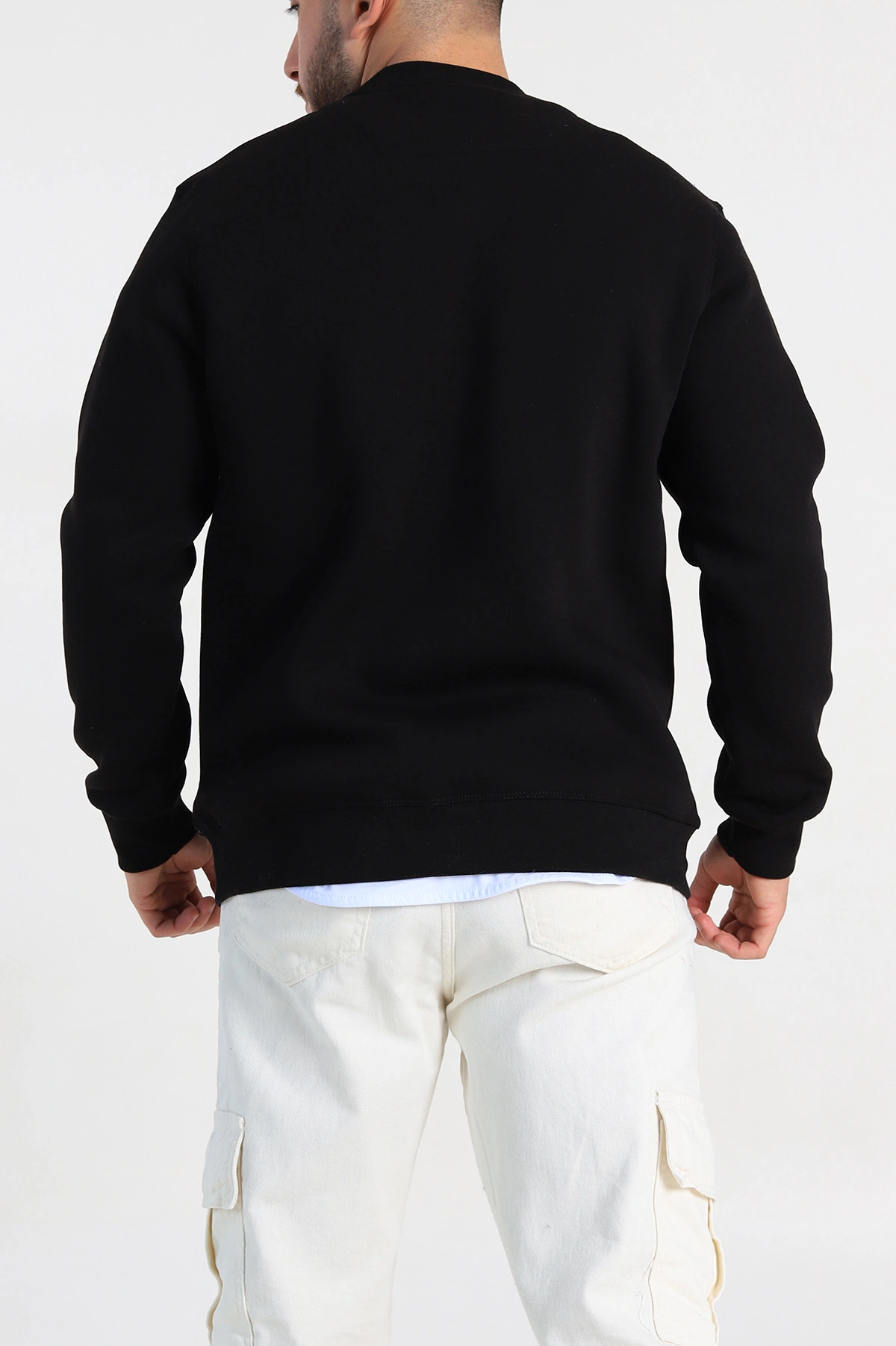 Siyah Relaxed Fit Üç İp Şardonlu Kabartma Yazı Detay Erkek Sweatshirt 310403