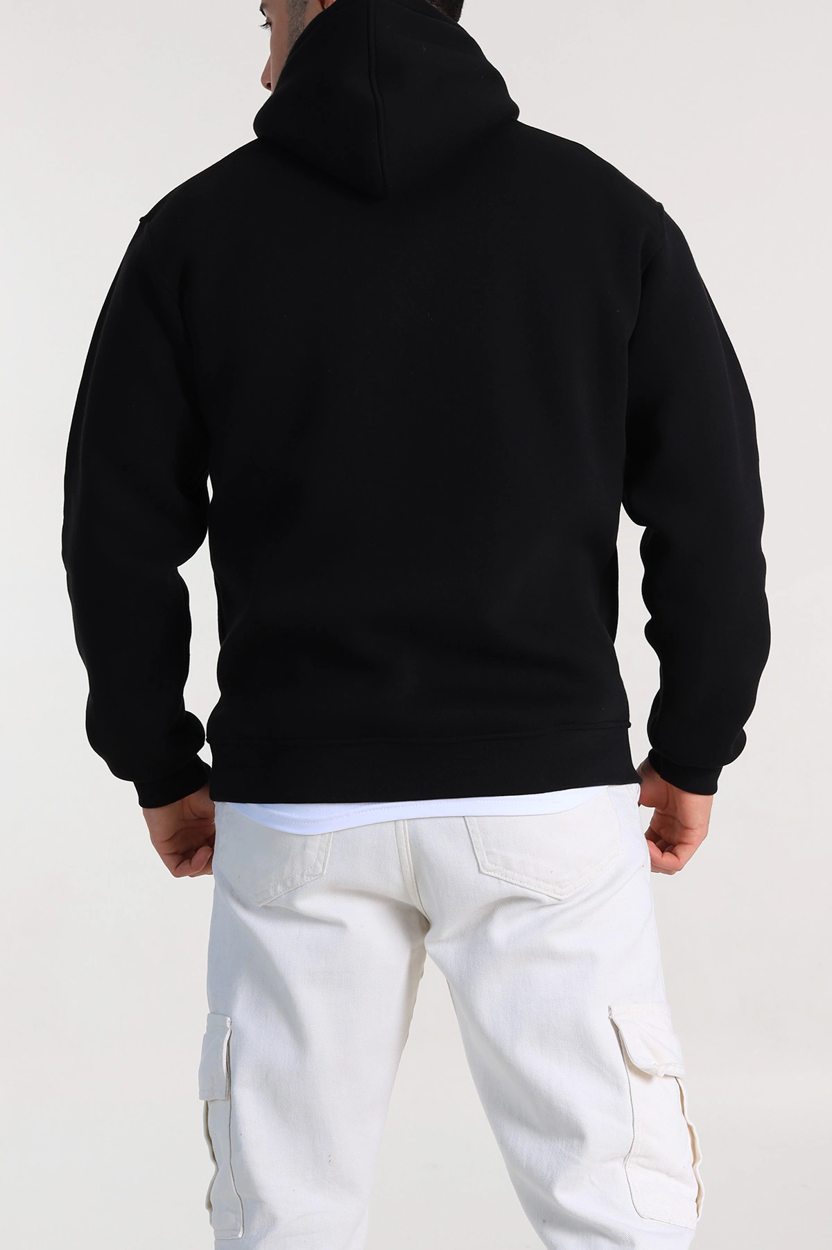 Siyah Relaxed Fit Üç İp Şardonlu Kapüşonlu Basic Erkek Sweatshirt 333114