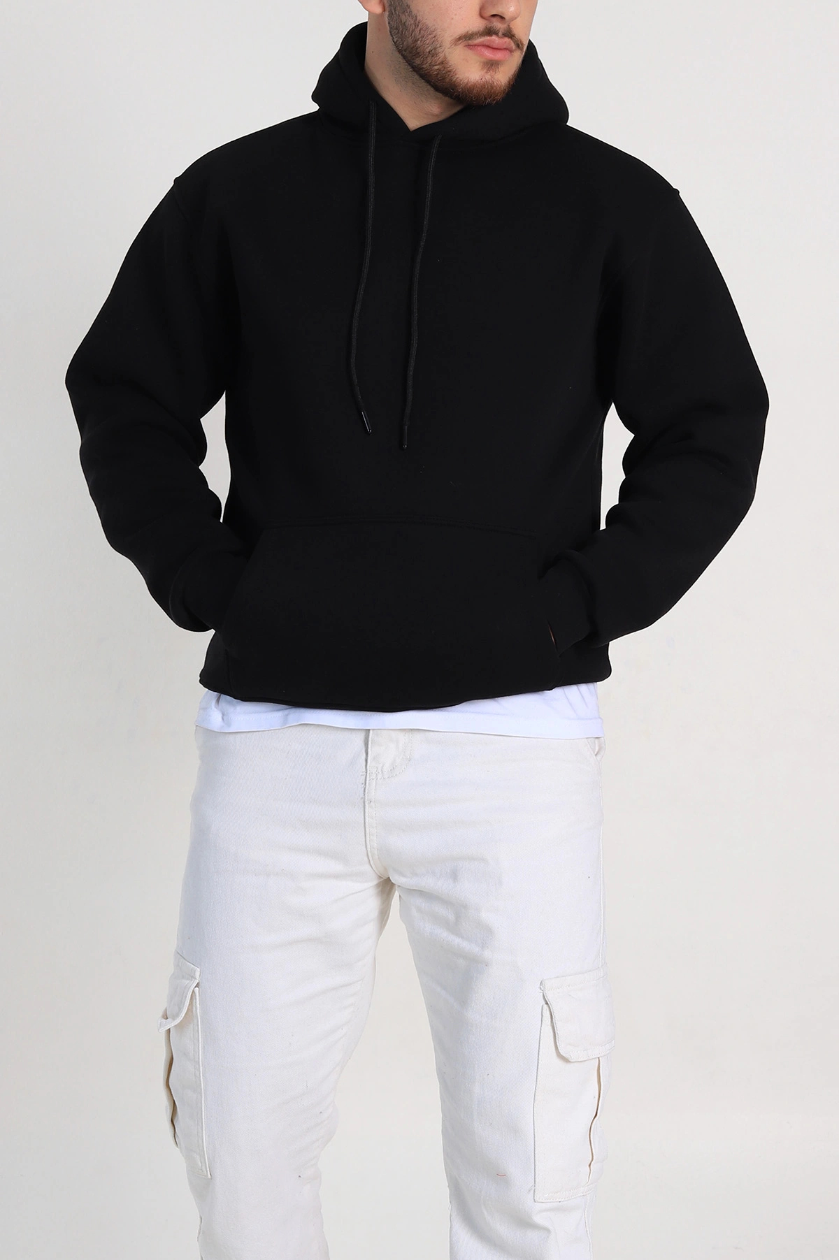 Siyah Relaxed Fit Üç İp Şardonlu Kapüşonlu Basic Erkek Sweatshirt 333114