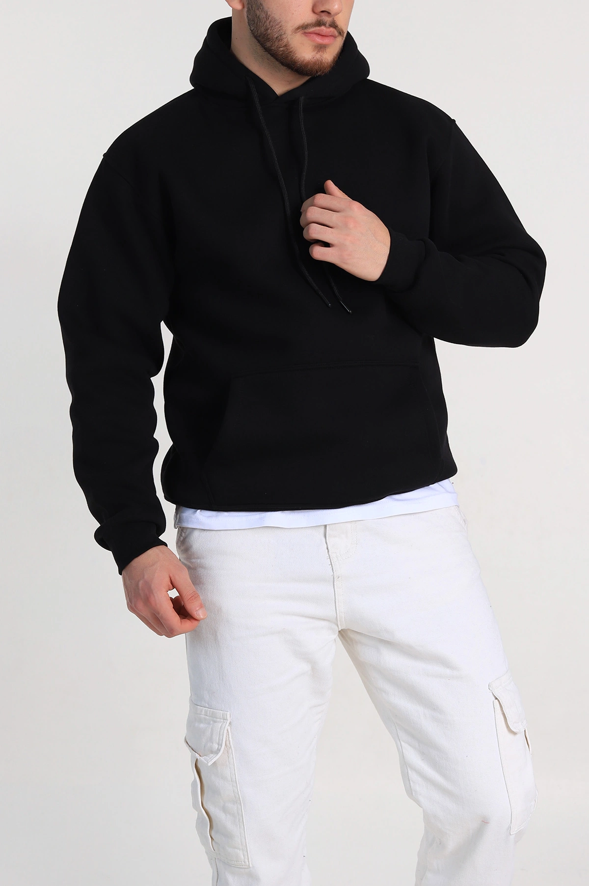 Siyah Relaxed Fit Üç İp Şardonlu Kapüşonlu Basic Erkek Sweatshirt 333114