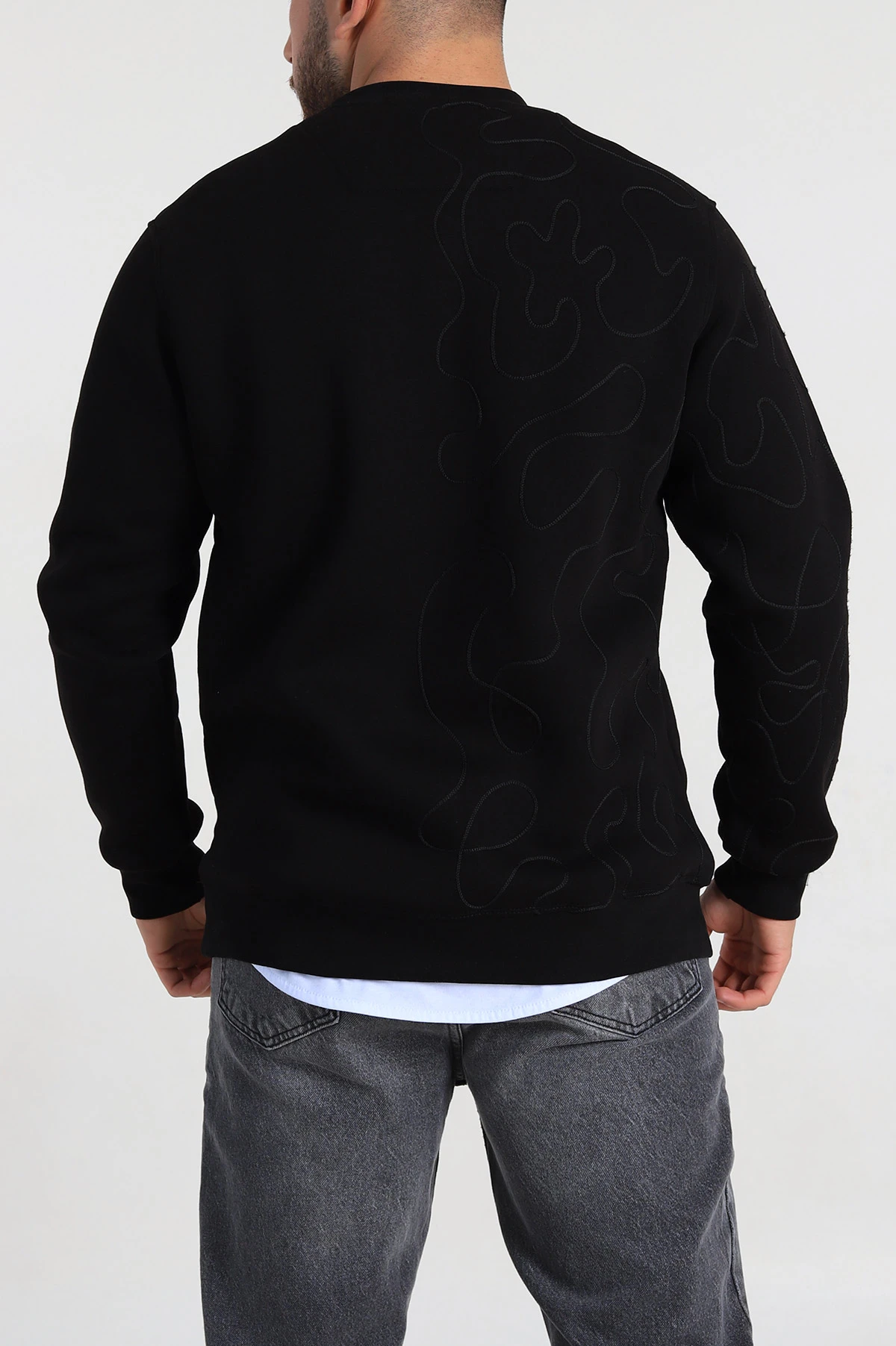 Siyah Relaxed Fit Üç İp Şardonlu Kol Detaylı Erkek Sweatshirt 309952