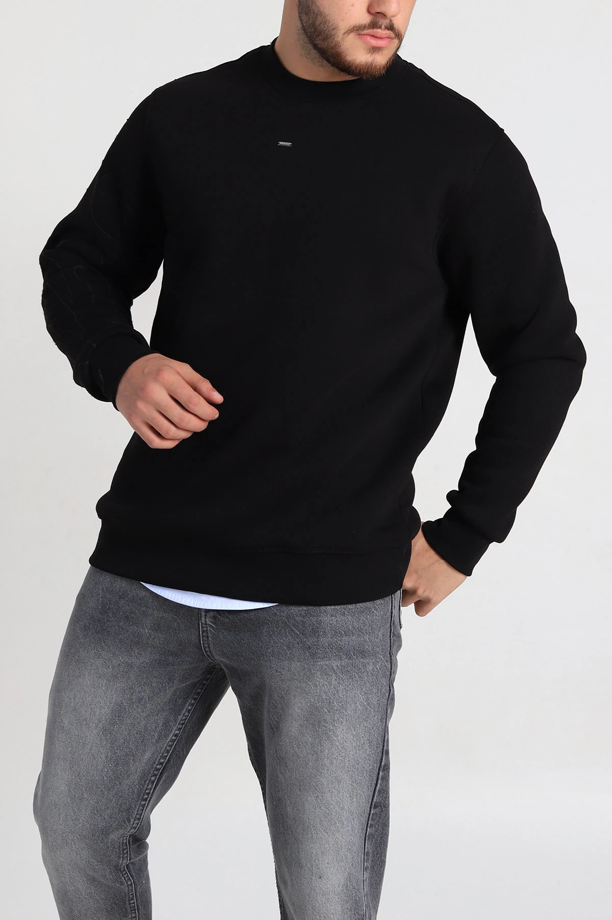 Siyah Relaxed Fit Üç İp Şardonlu Kol Detaylı Erkek Sweatshirt 309952