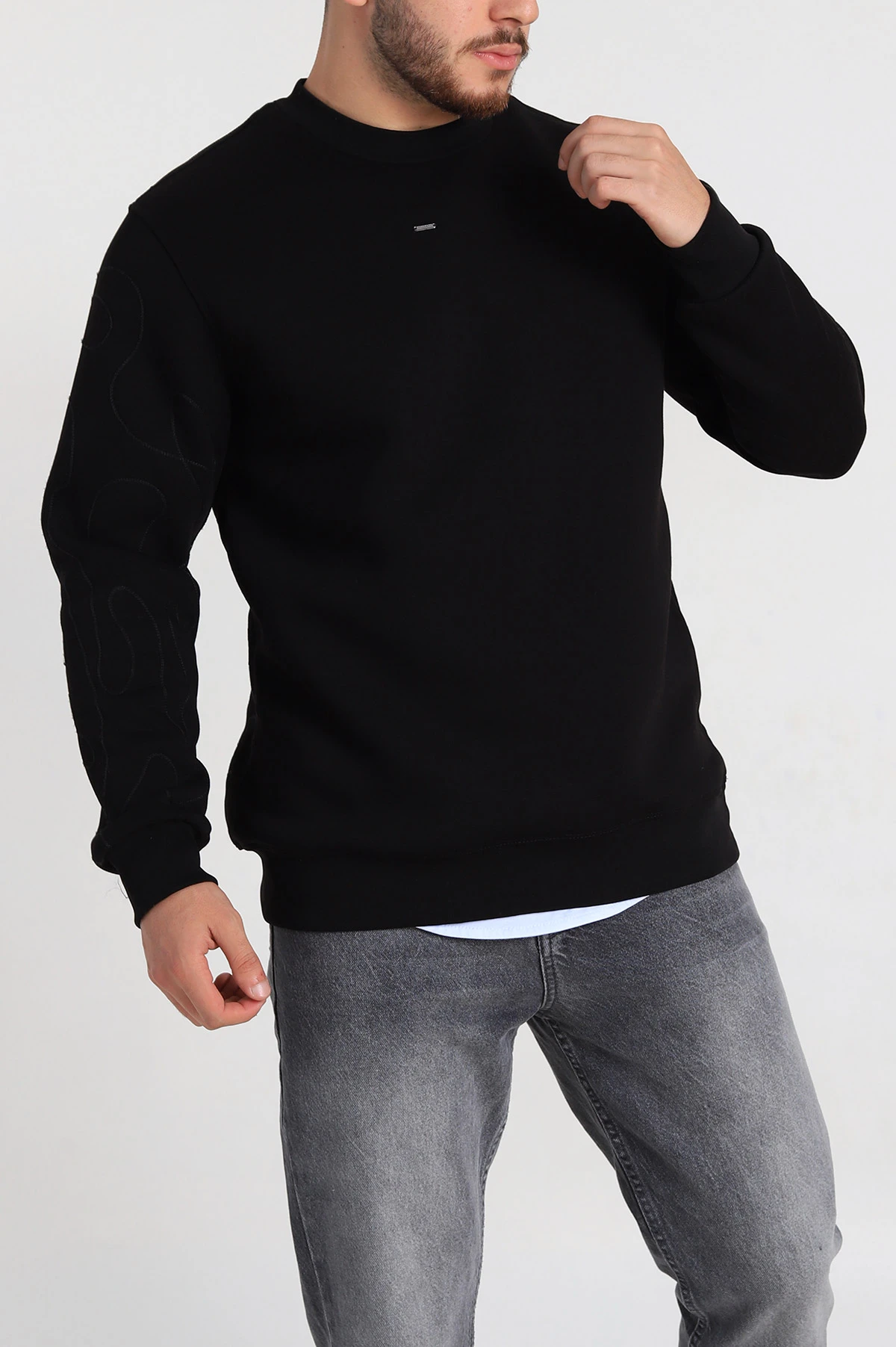Siyah Relaxed Fit Üç İp Şardonlu Kol Detaylı Erkek Sweatshirt 309952