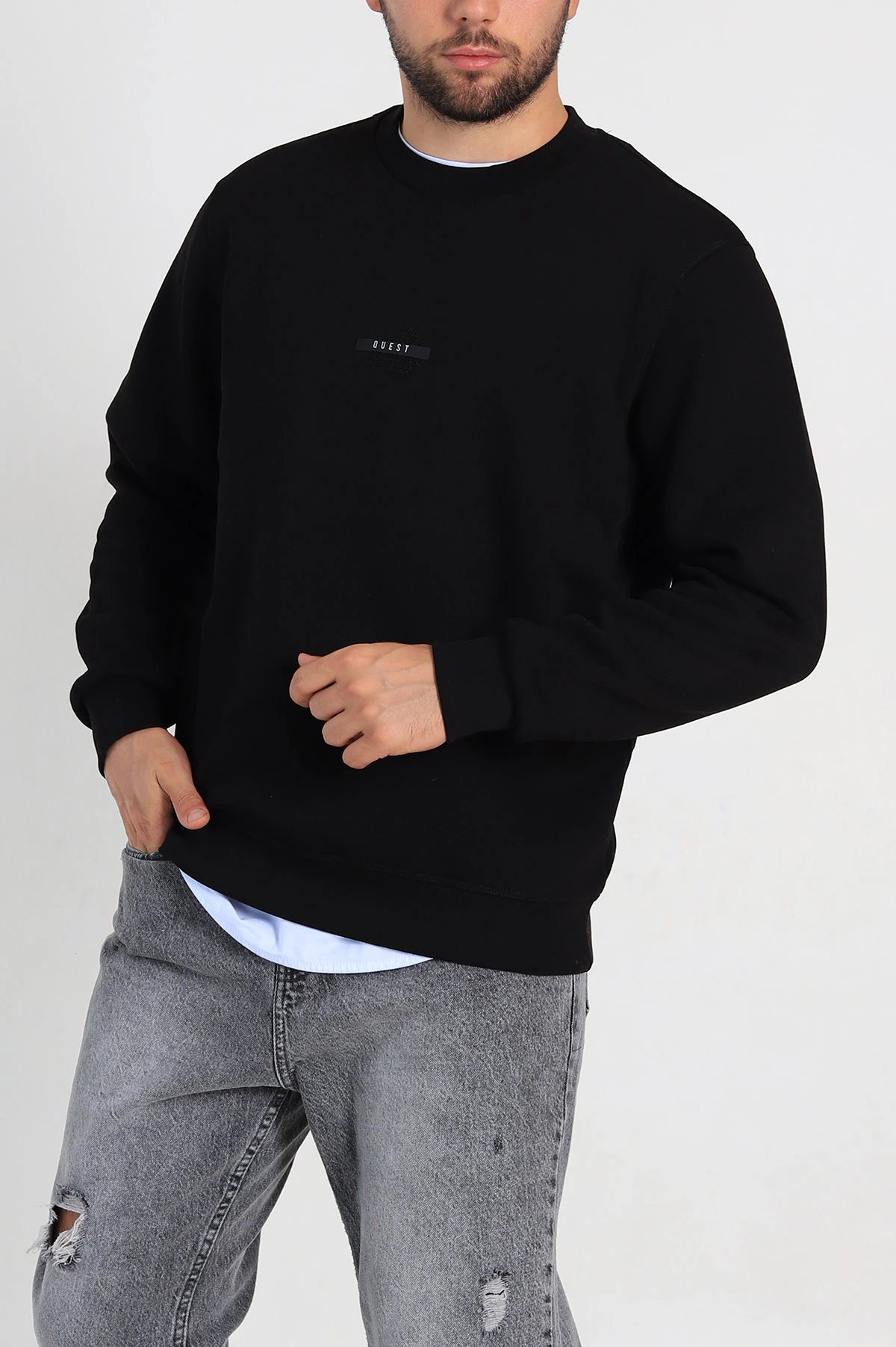 Siyah Relaxed Fit Üç İp Şardonlu Logo Detaylı Erkek Sweatshirt 309854