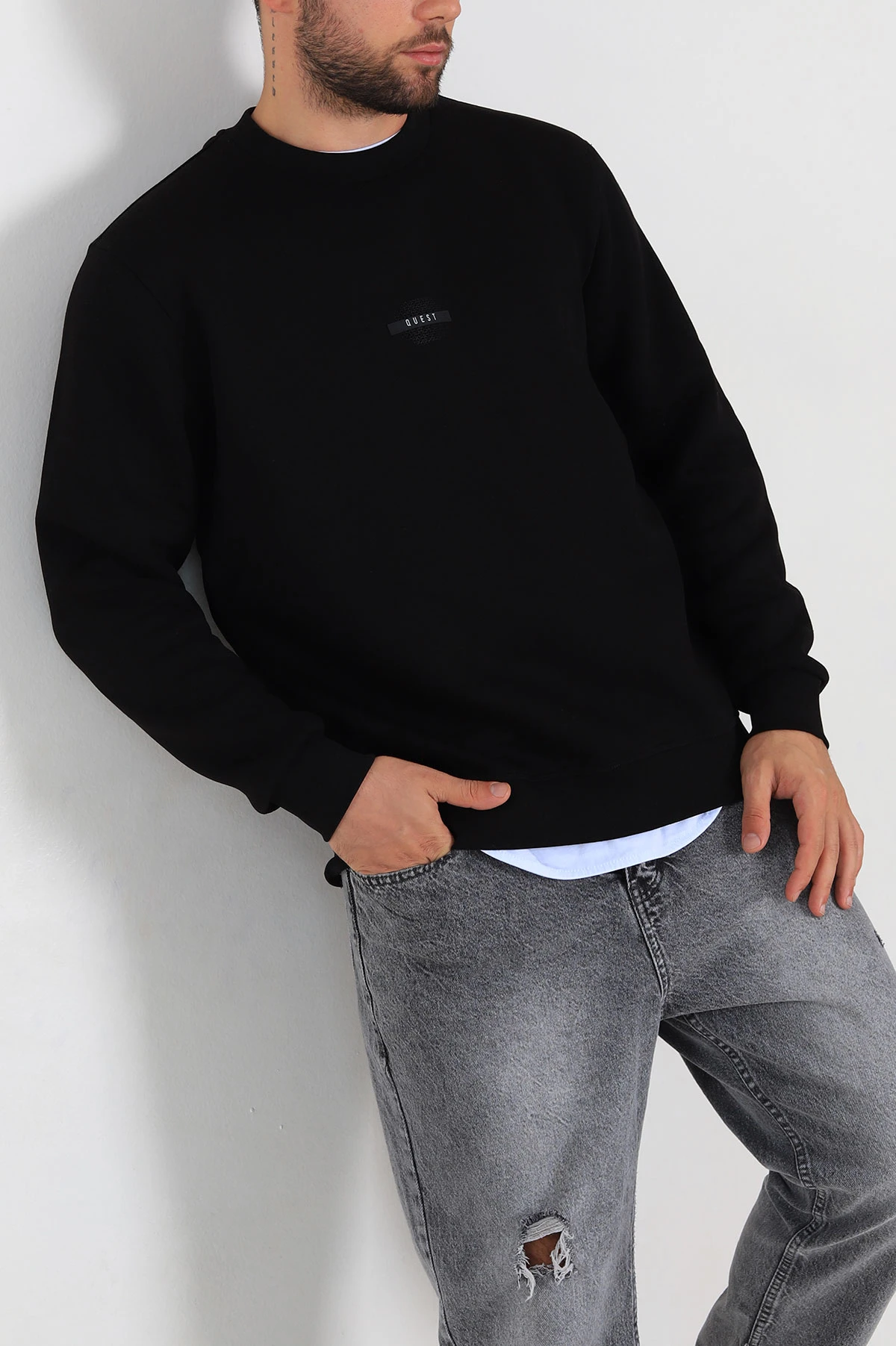 Siyah Relaxed Fit Üç İp Şardonlu Logo Detaylı Erkek Sweatshirt 309854