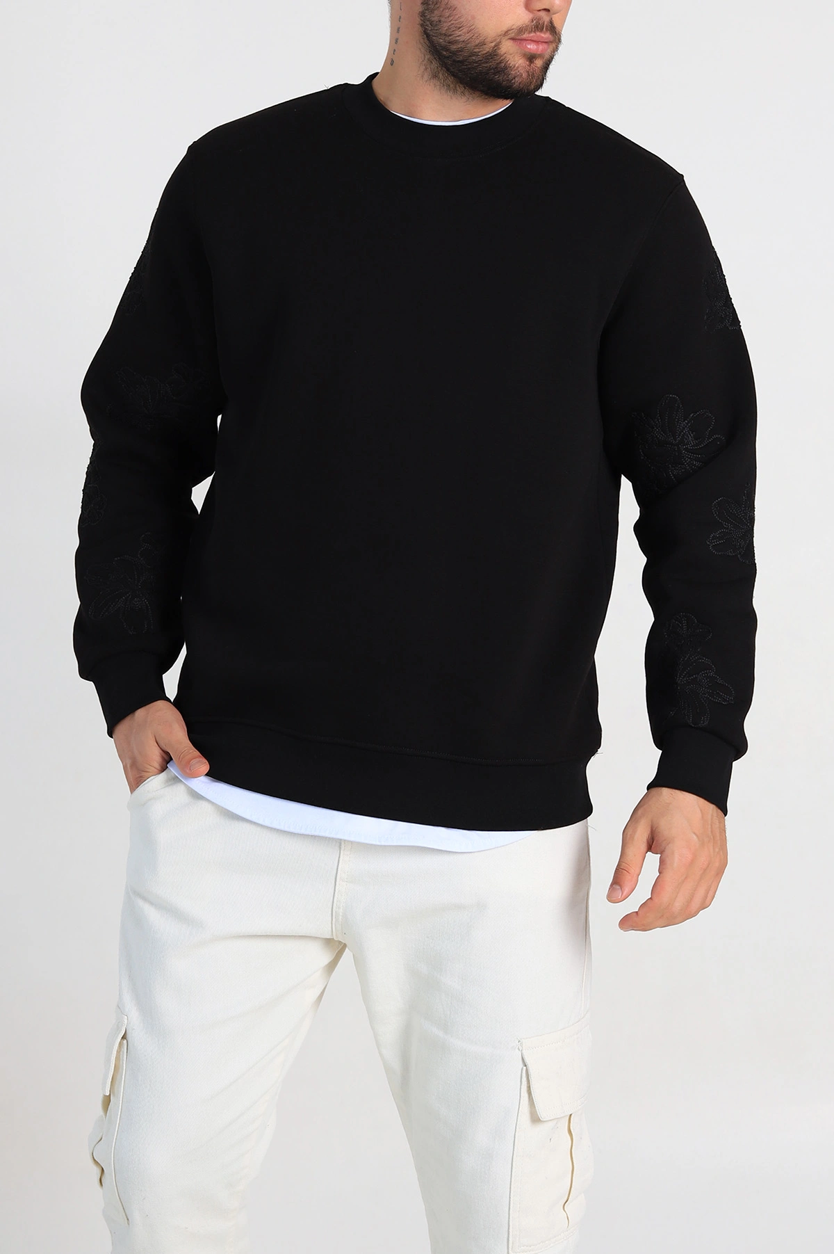 Siyah Relaxed Fit Üç İp Şardonlu Nakış Detaylı Erkek Sweatshirt 311181