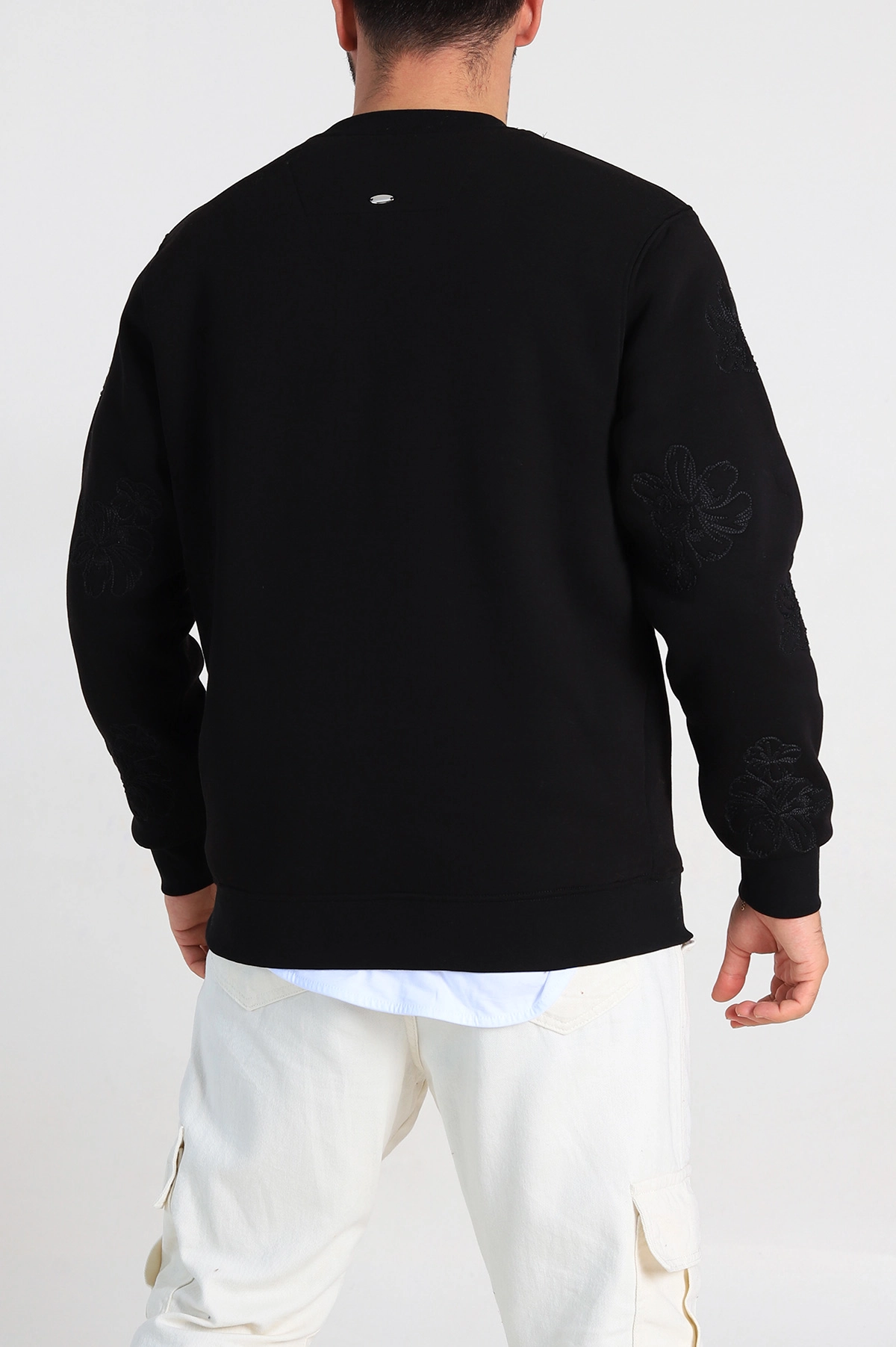 Siyah Relaxed Fit Üç İp Şardonlu Nakış Detaylı Erkek Sweatshirt 311181