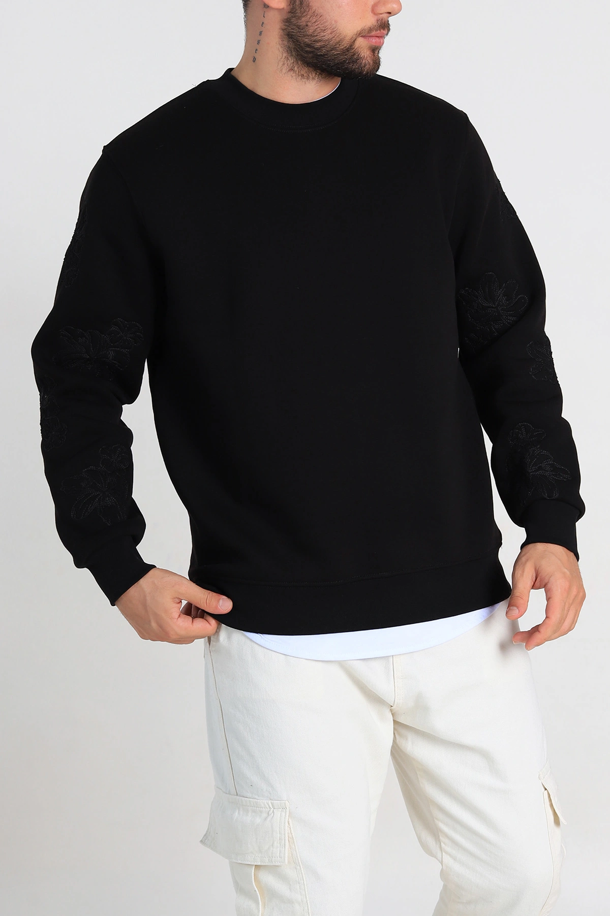 Siyah Relaxed Fit Üç İp Şardonlu Nakış Detaylı Erkek Sweatshirt 311181