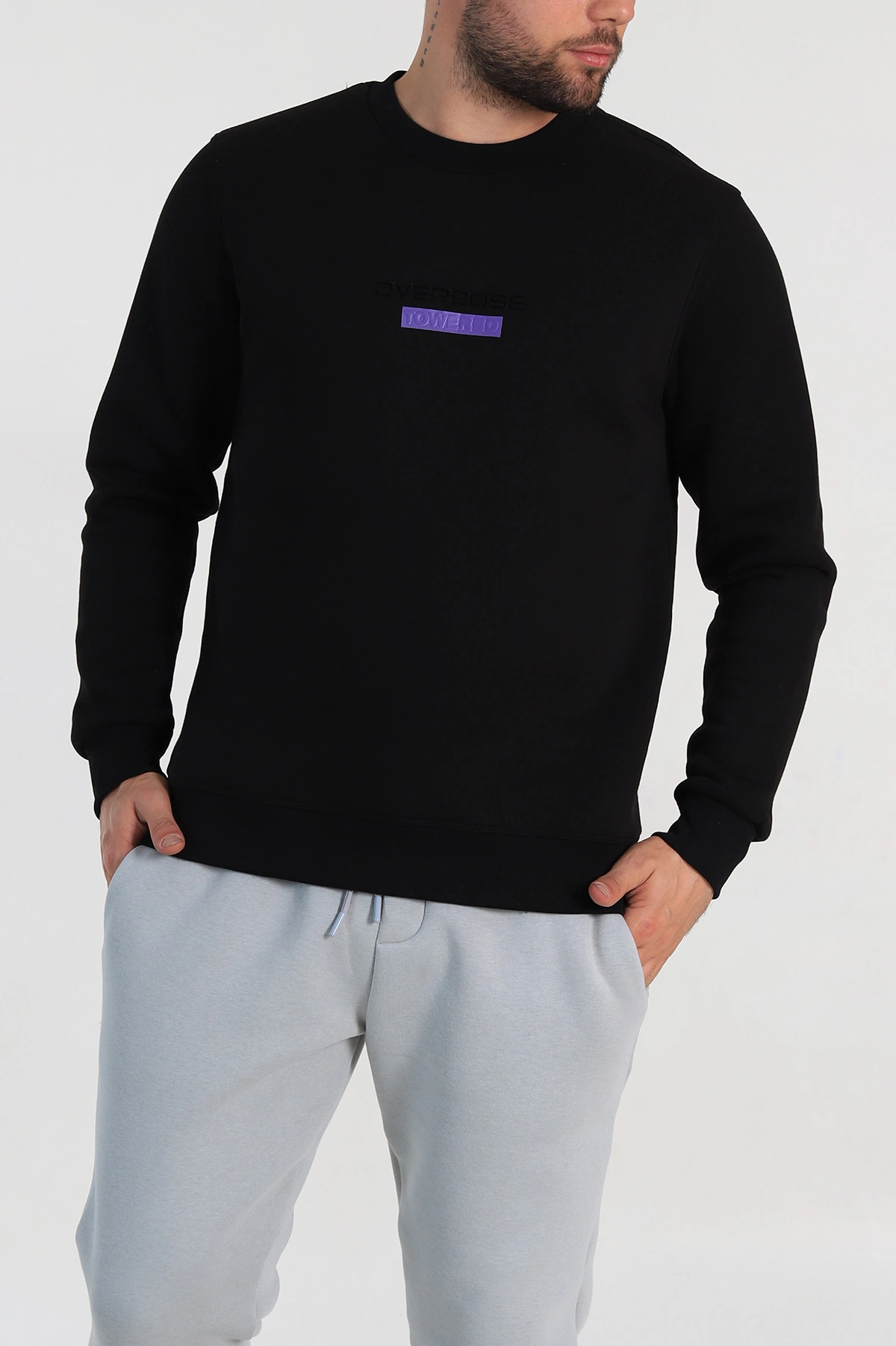 Siyah Relaxed Fit Üç İp Şardonlu Yazı Detaylı Erkek Sweatshirt 310484