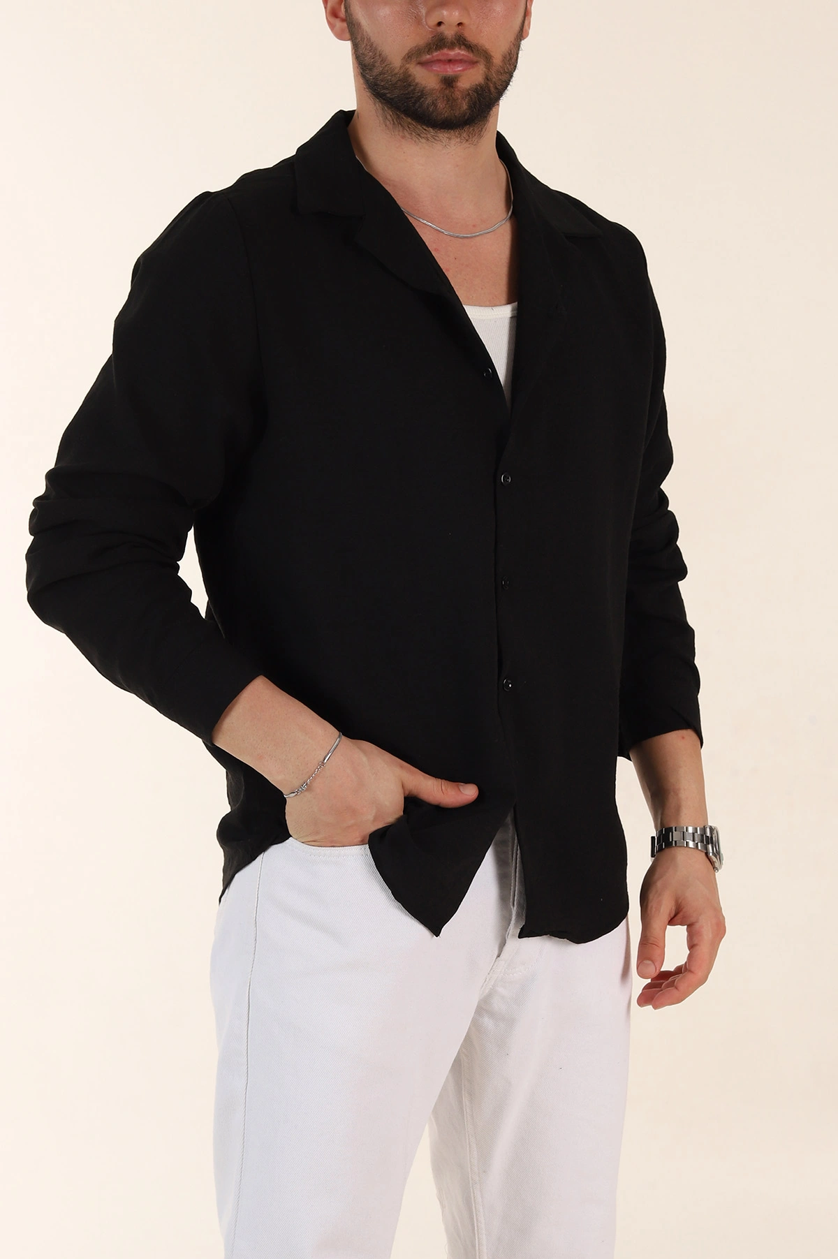 Siyah Relaxed Fit Uzun Kollu Apaş Yaka Erkek Gömlek 367432