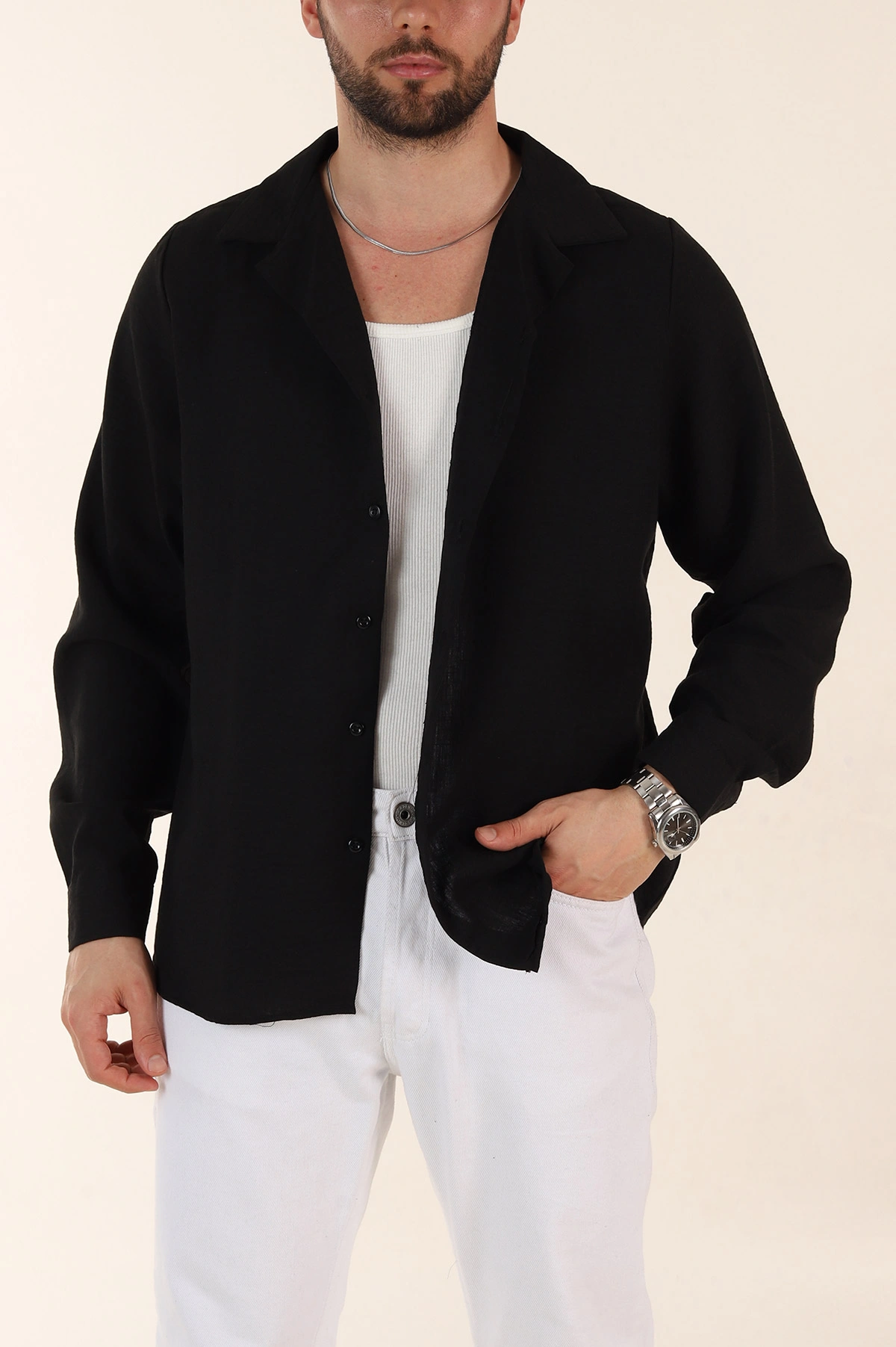 Siyah Relaxed Fit Uzun Kollu Apaş Yaka Erkek Gömlek 367432