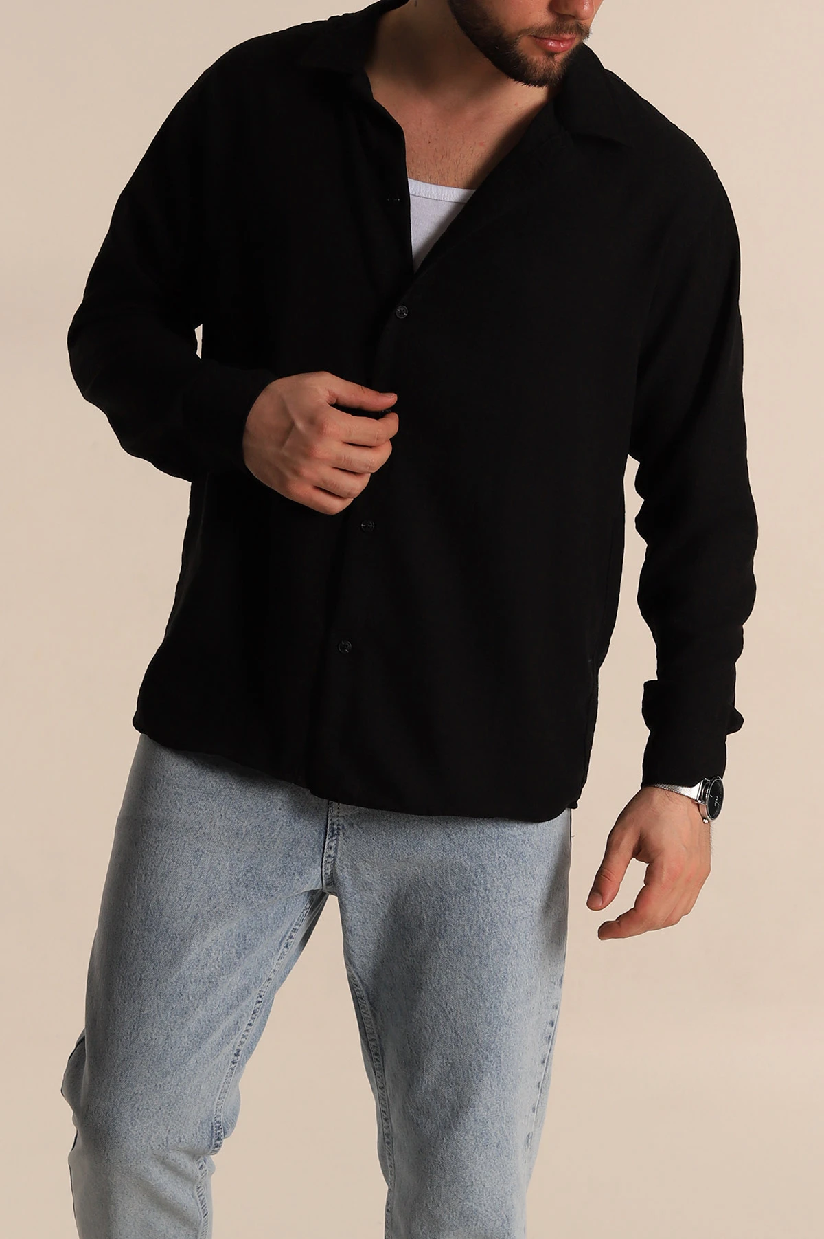 Siyah Relaxed Fit Uzun Kollu Keten Erkek Gömlek 275524