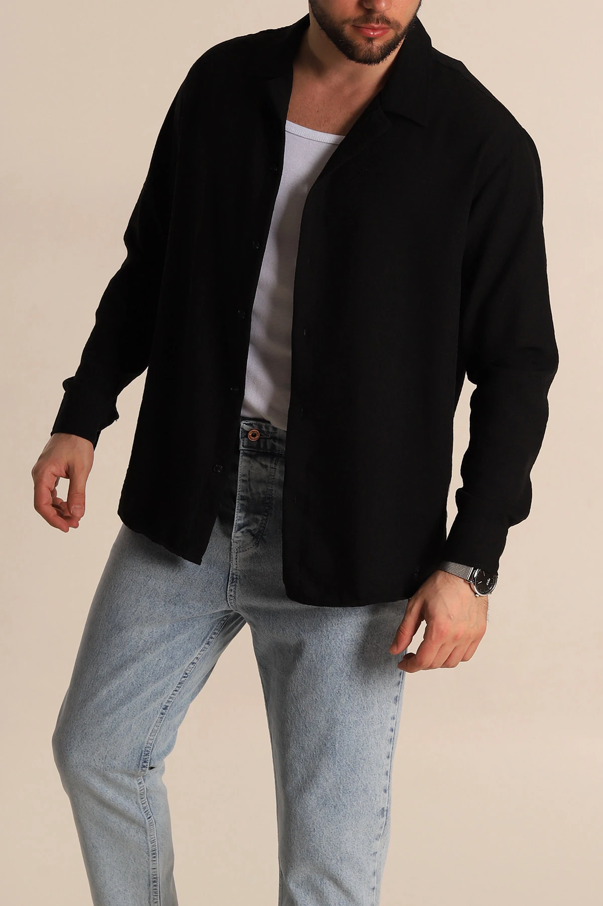 Siyah Relaxed Fit Uzun Kollu Keten Erkek Gömlek 275524