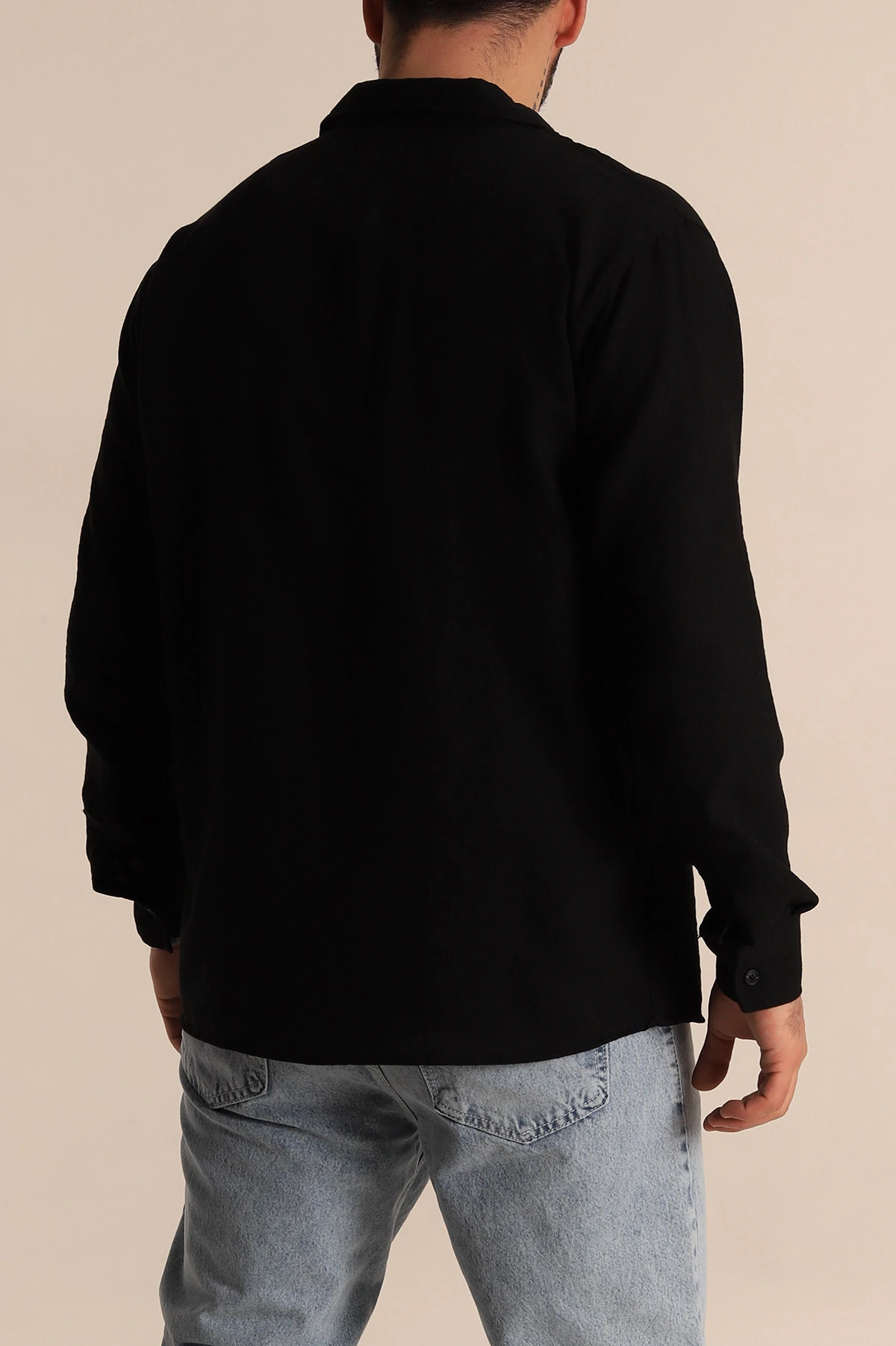 Siyah Relaxed Fit Uzun Kollu Keten Erkek Gömlek 275524