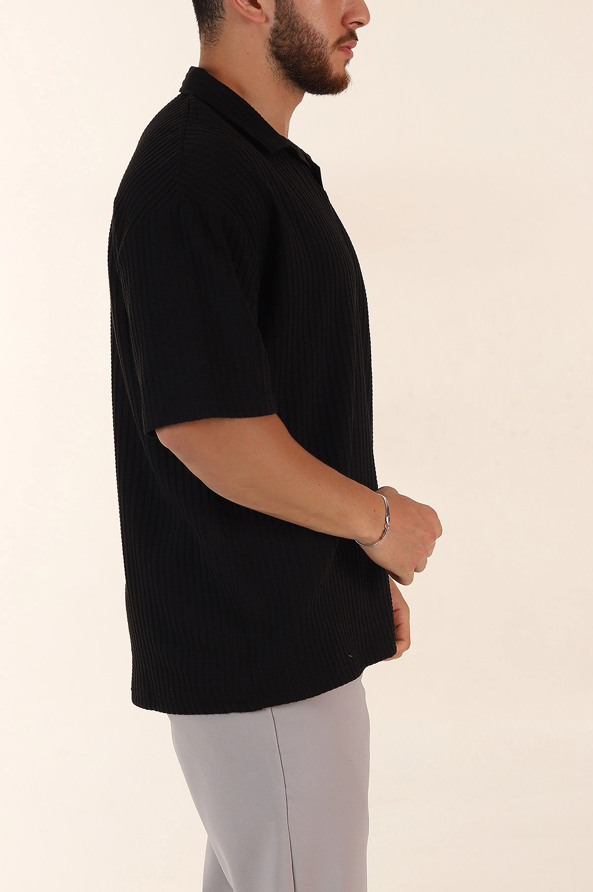 Siyah Relaxed Fit Waffle Dokulu Patlı Polo Yaka Erkek Tişört 370295