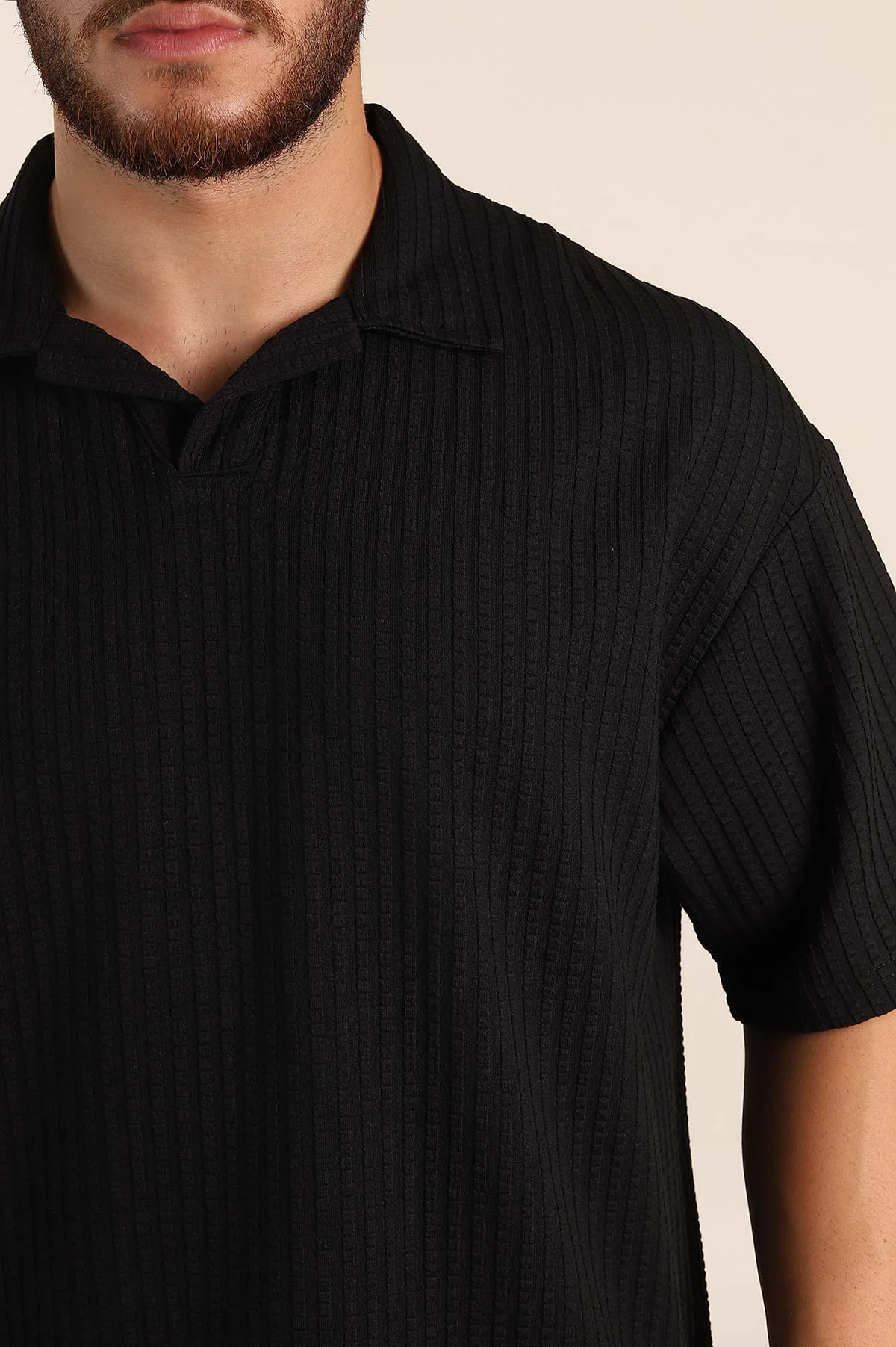 Siyah Relaxed Fit Waffle Dokulu Patlı Polo Yaka Erkek Tişört 370295