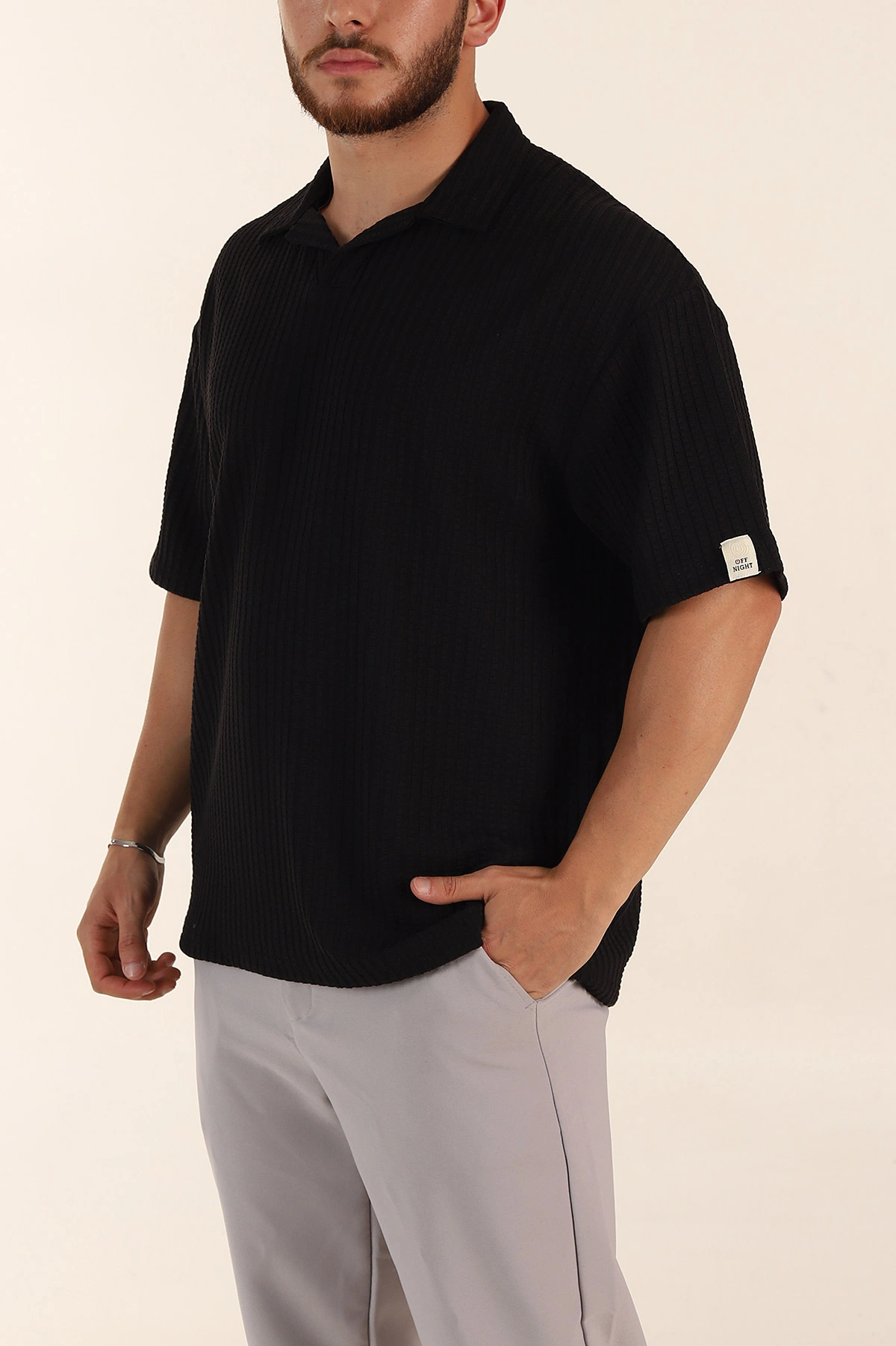 Siyah Relaxed Fit Waffle Dokulu Patlı Polo Yaka Erkek Tişört 370295