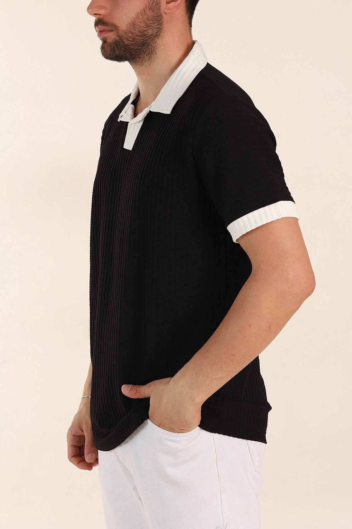 Siyah Relaxed Fit Waffle Dokulu Polo Yaka Erkek Tişört 370345