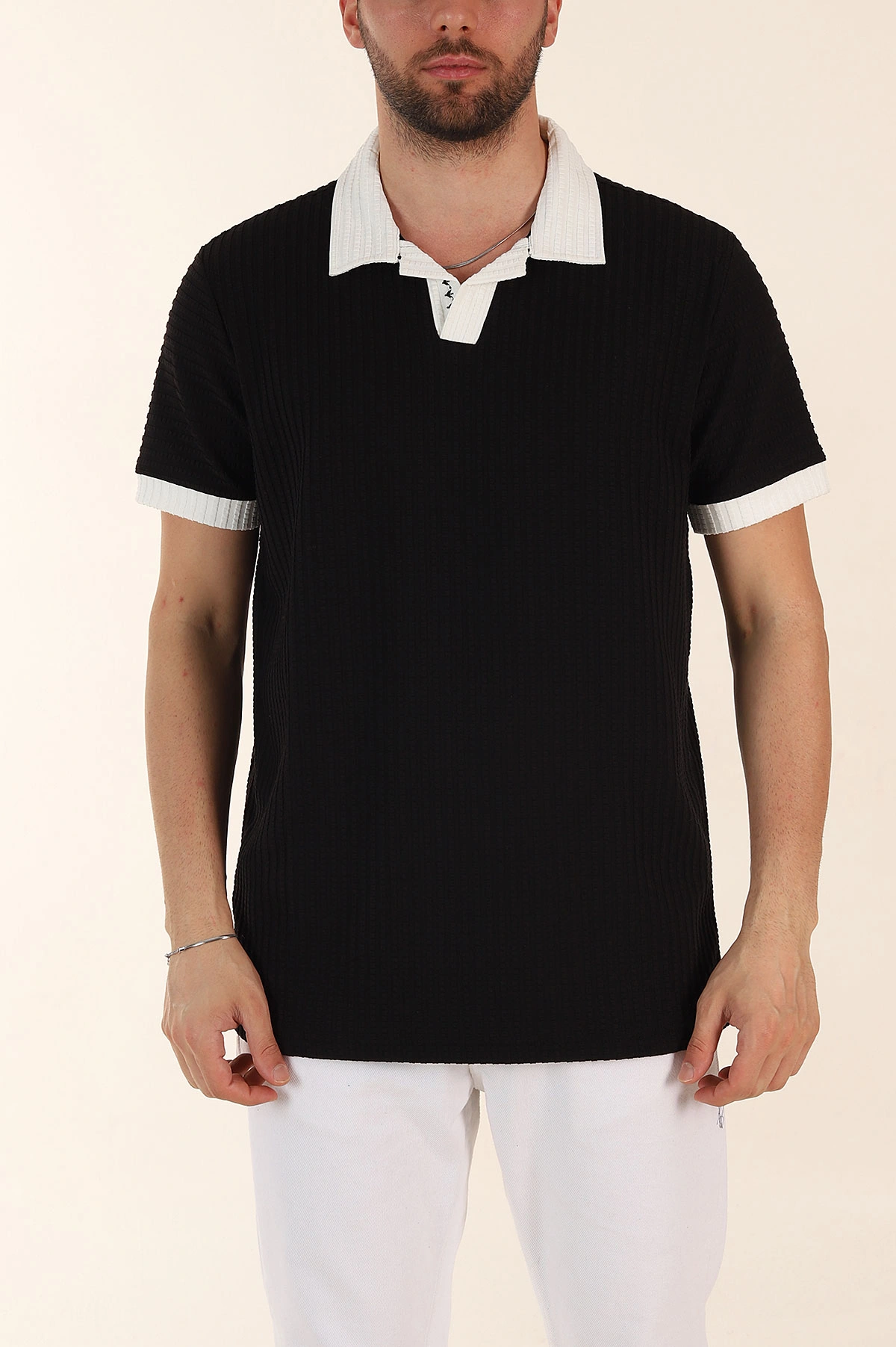Siyah Relaxed Fit Waffle Dokulu Polo Yaka Erkek Tişört 370345