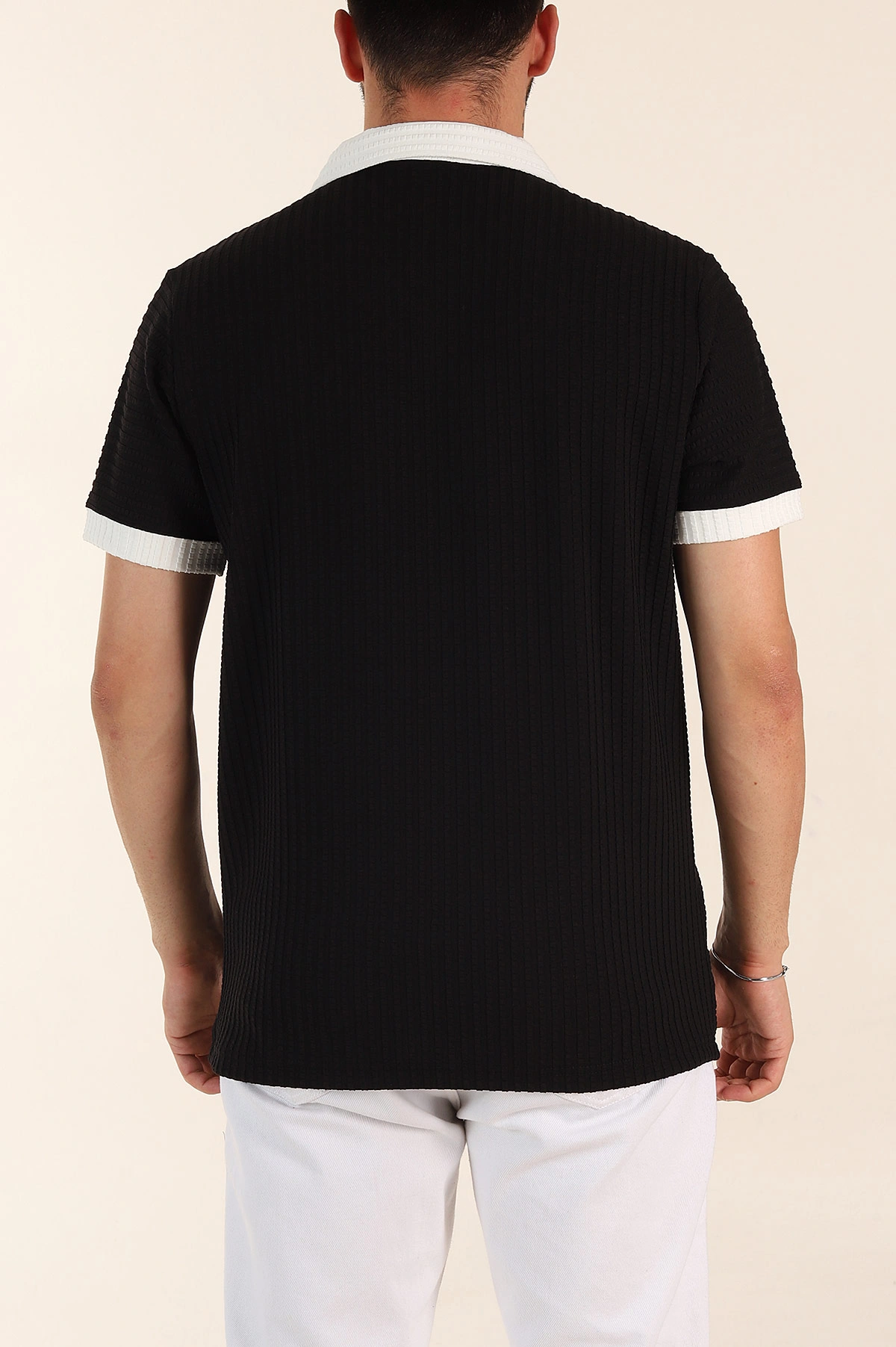 Siyah Relaxed Fit Waffle Dokulu Polo Yaka Erkek Tişört 370345