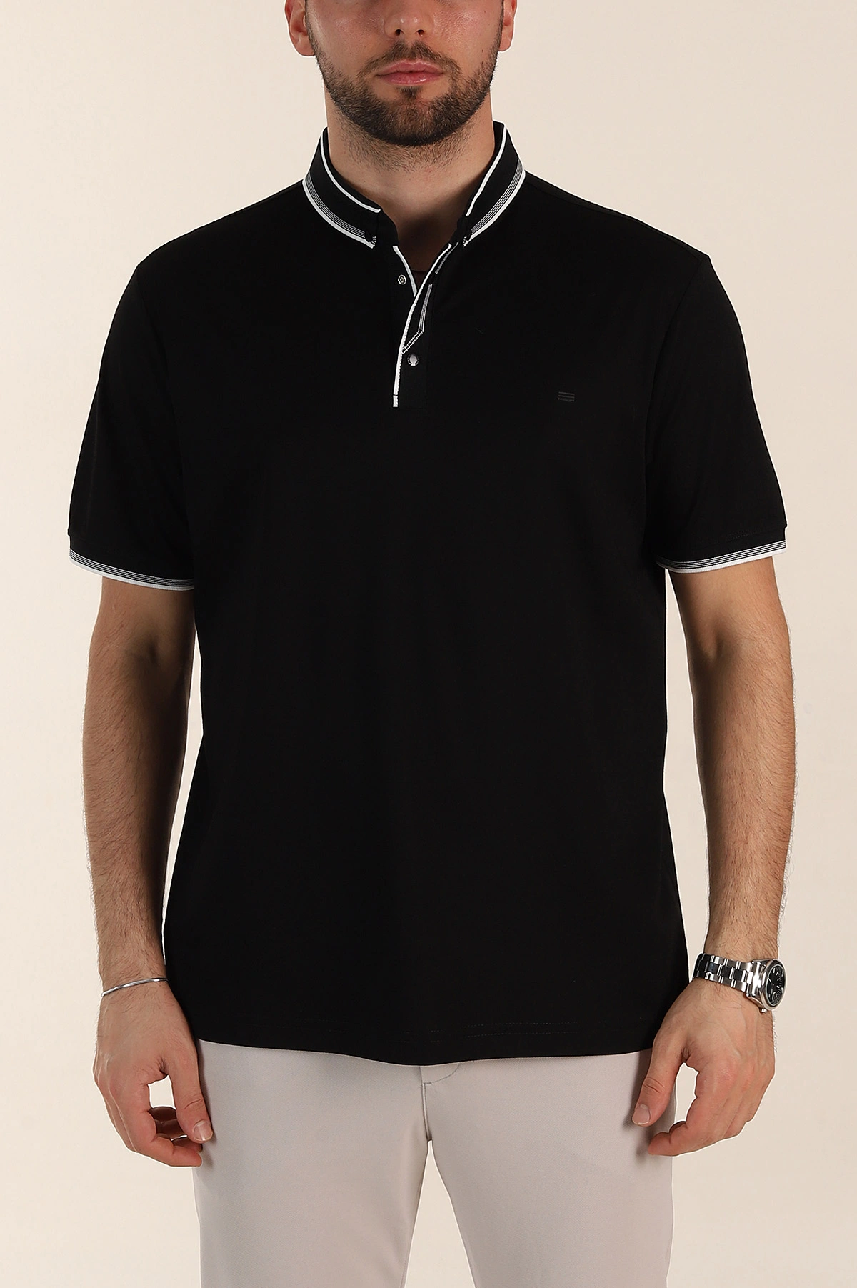 Siyah Relaxed Fit Yaka Detaylı Polo Yaka Erkek Tişört 359117